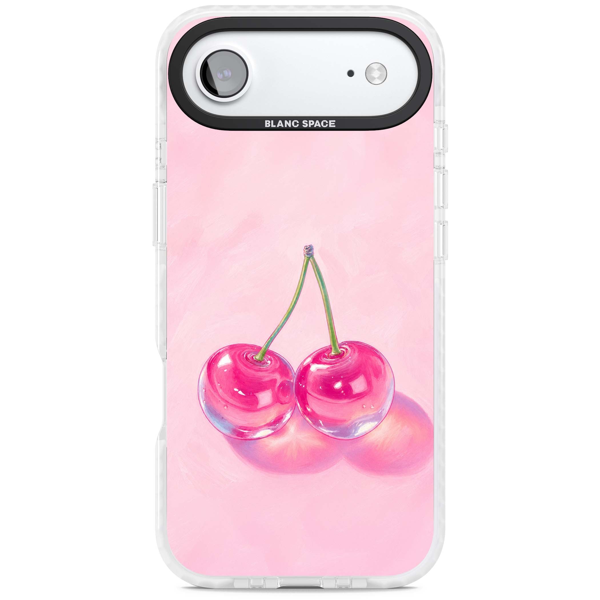 Pink Glass Cherry coquette iPhone case featuring two glossy painted cherries on a soft pink background | Impact Magsafe case for iPhone Air