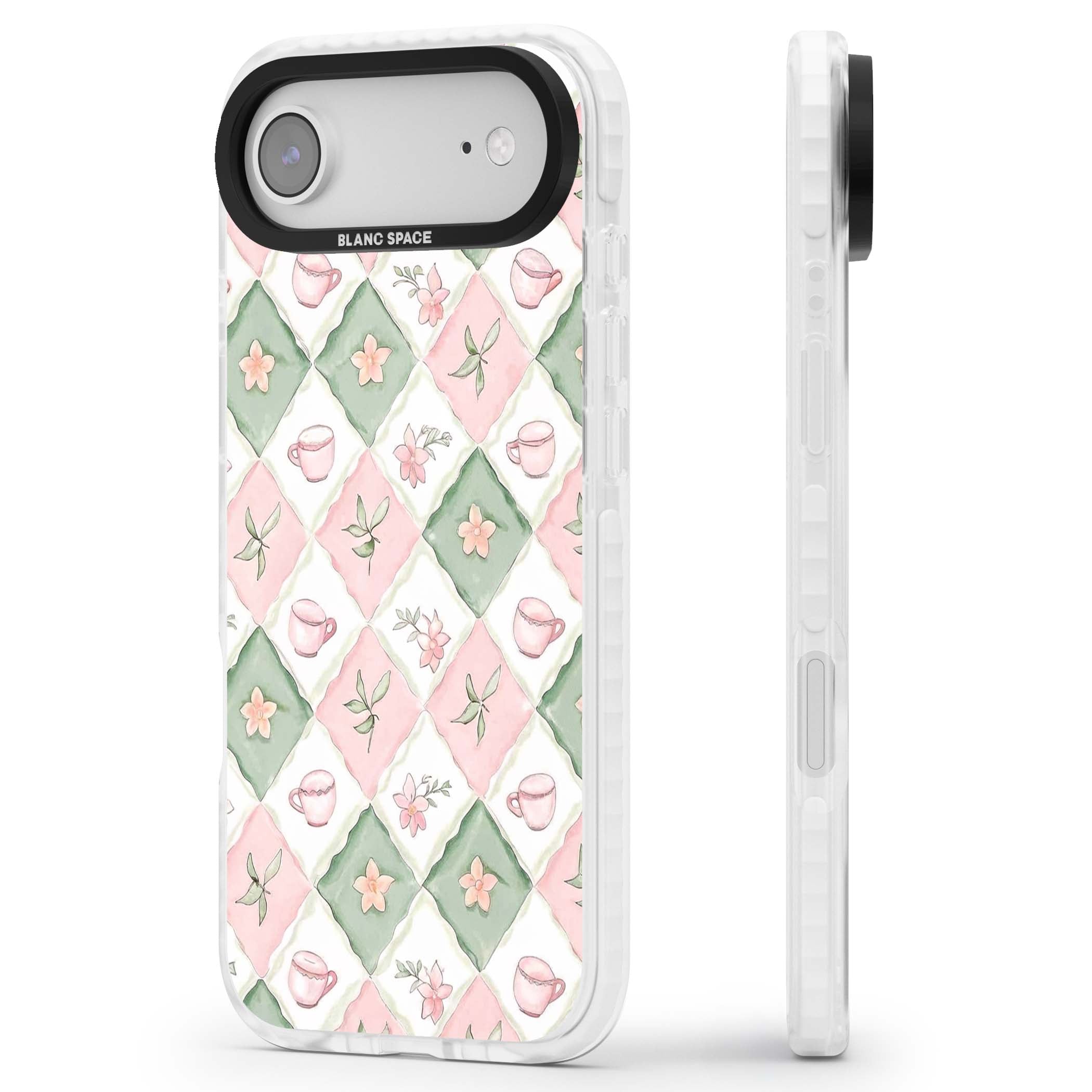 Garden Tea Party coquette iPhone case with pink and green checkered pattern, watercolour teacups and wildflowers | Impact Magsafe case for iPhone Air