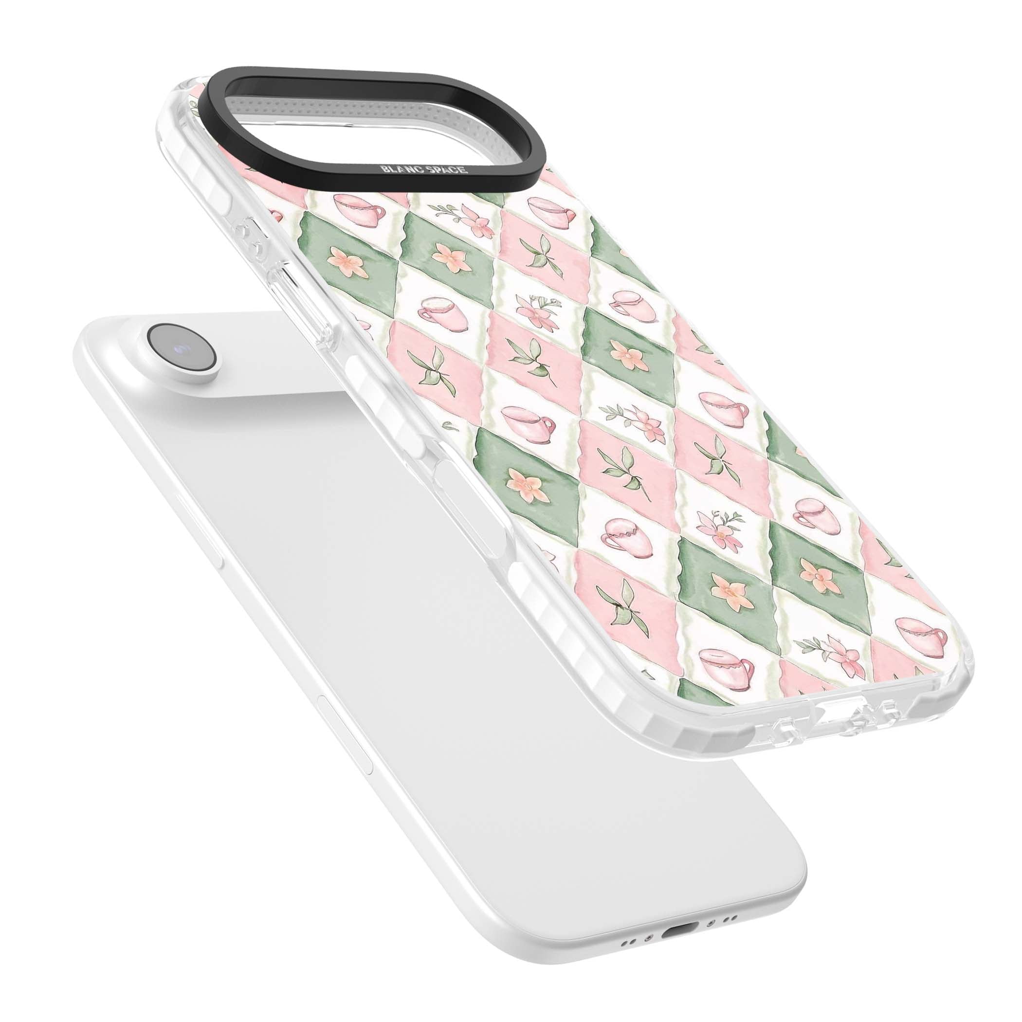 Garden Tea Party coquette iPhone case with pink and green checkered pattern, watercolour teacups and wildflowers | Impact Magsafe case for iPhone Air