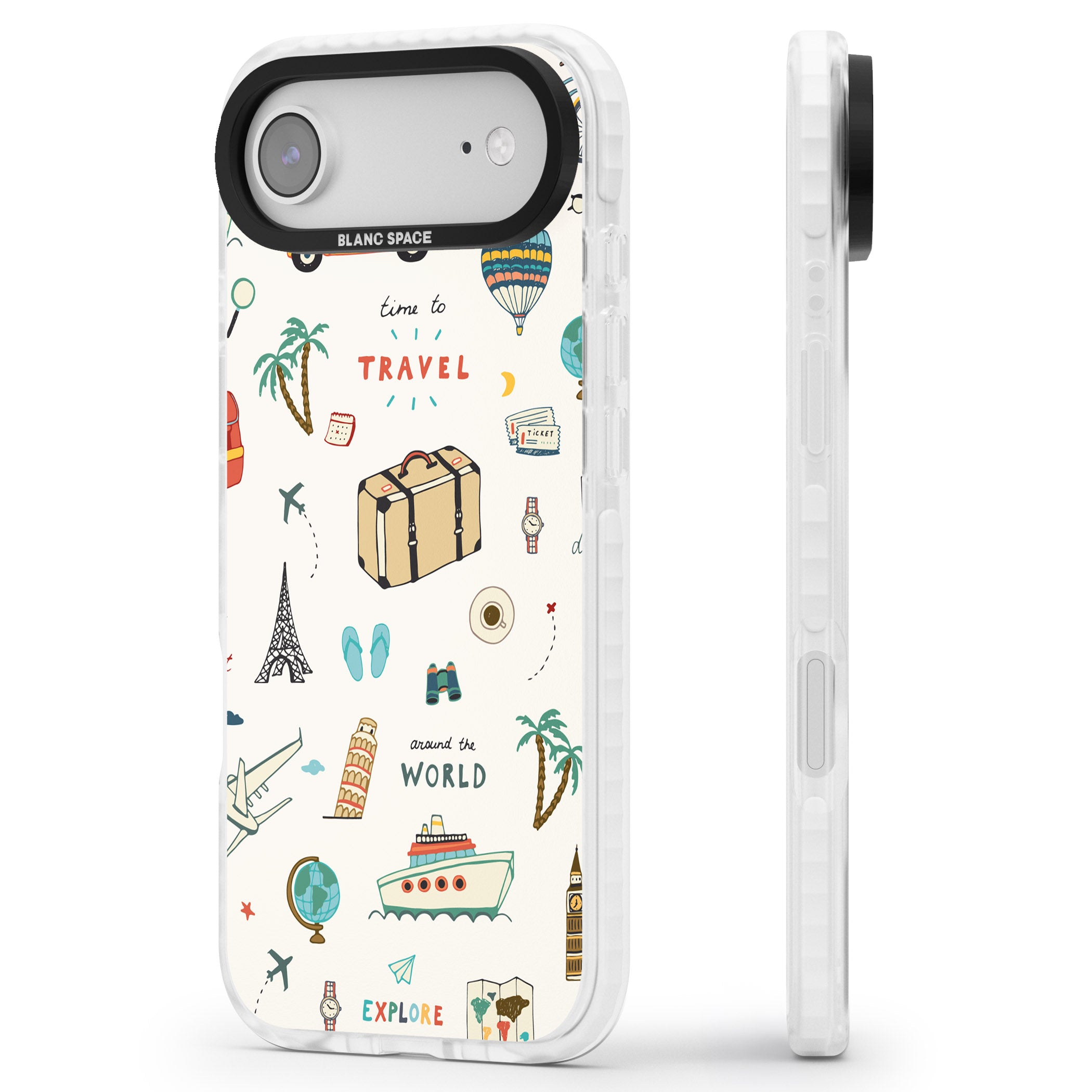 Cute Travel Pattern Cream iPhone 17 Air Impact Pro Clear Phone Case Side Profile