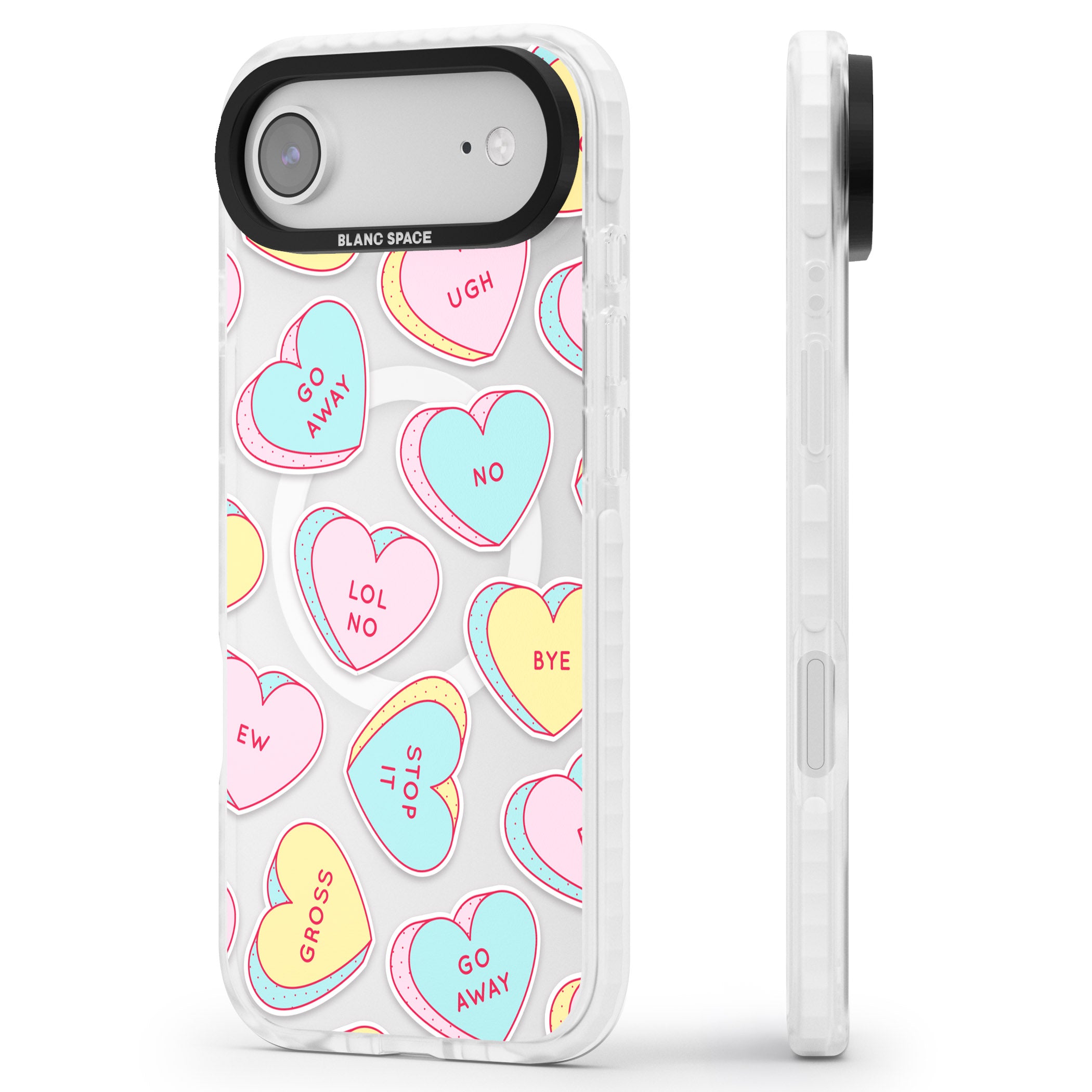 Sarcastic Love Hearts iPhone 17 Air Impact Pro Clear Phone Case Side Profile