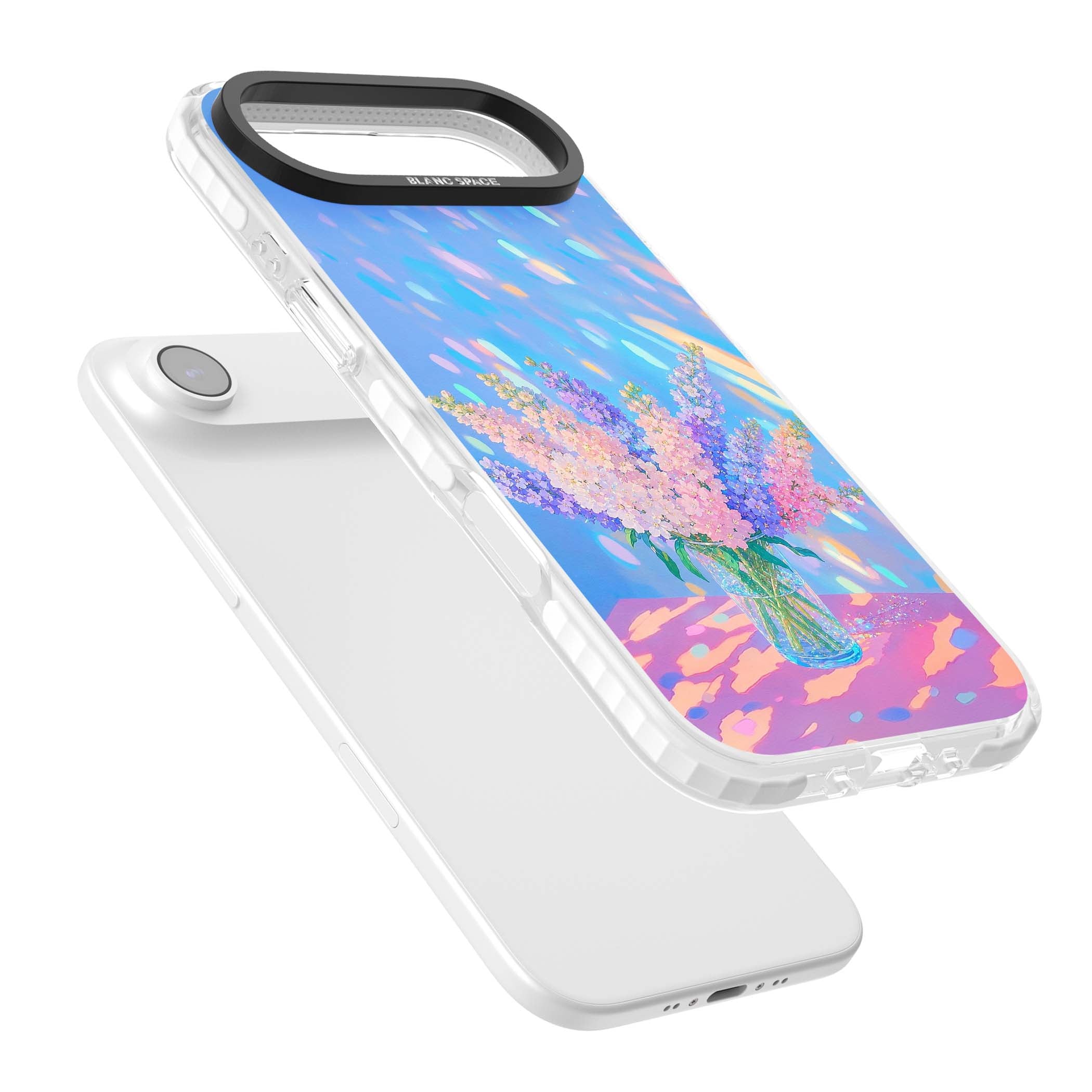 Bubblegum Flowers floral iPhone case featuring pastel lilac and pink bouquet in a glass vase with iridescent light | Impact Magsafe case for iPhone Air