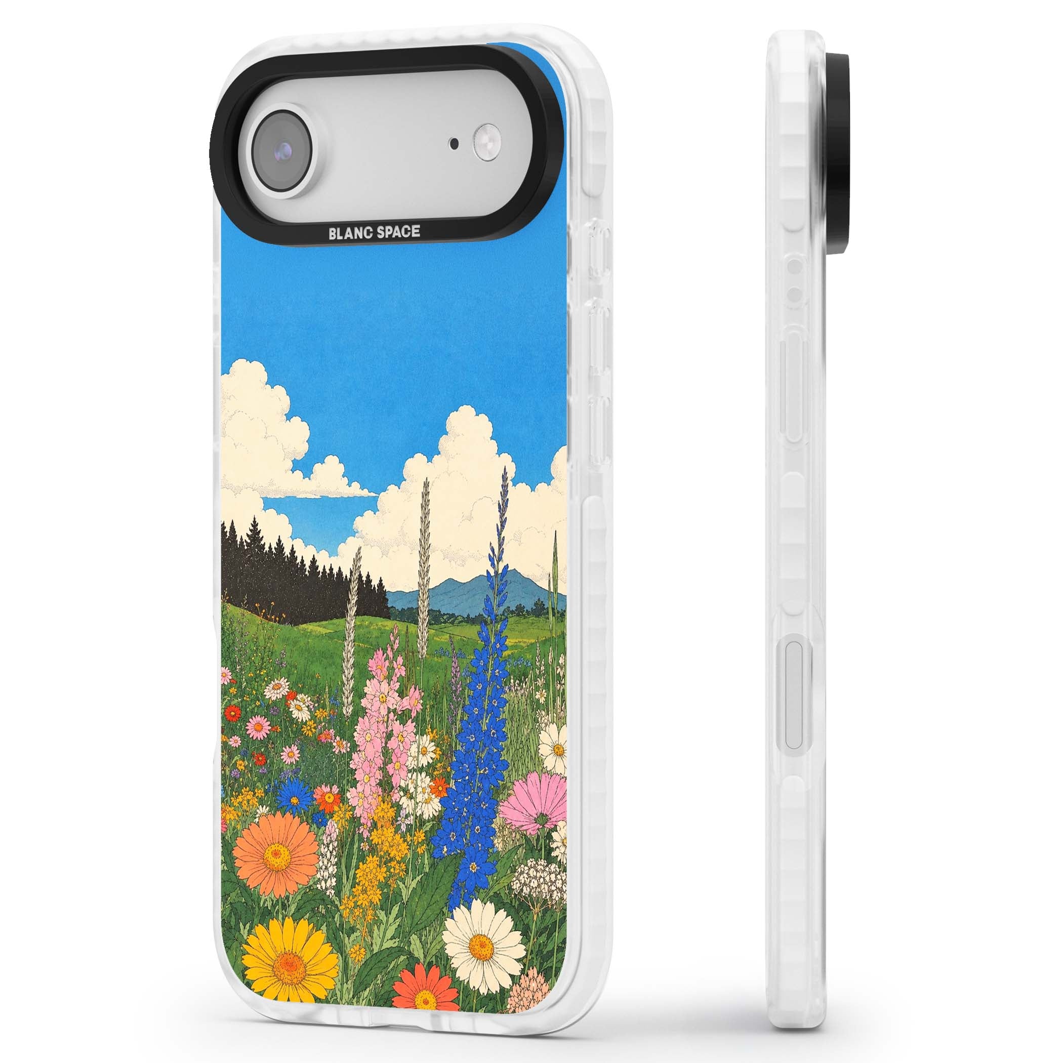 Wildbloom wildflower iPhone case featuring a vintage Japanese-style meadow landscape with daisies, delphiniums and moun | Impact Magsafe case for iPhone Air