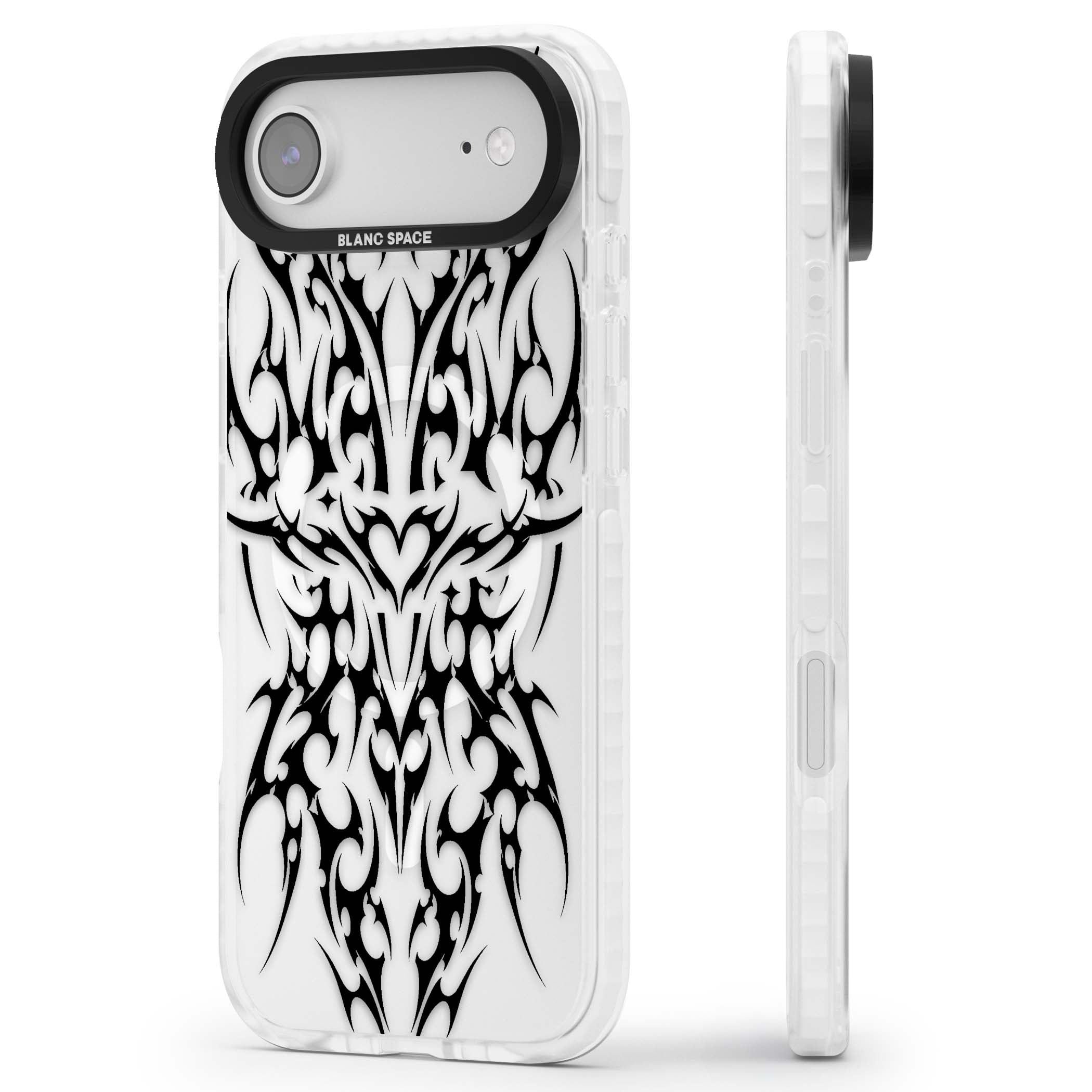 Neo Tribal Heart gothic iPhone case featuring symmetrical black tribal tattoo art with sharp thorn-like linework | Impact Magsafe case for iPhone Air