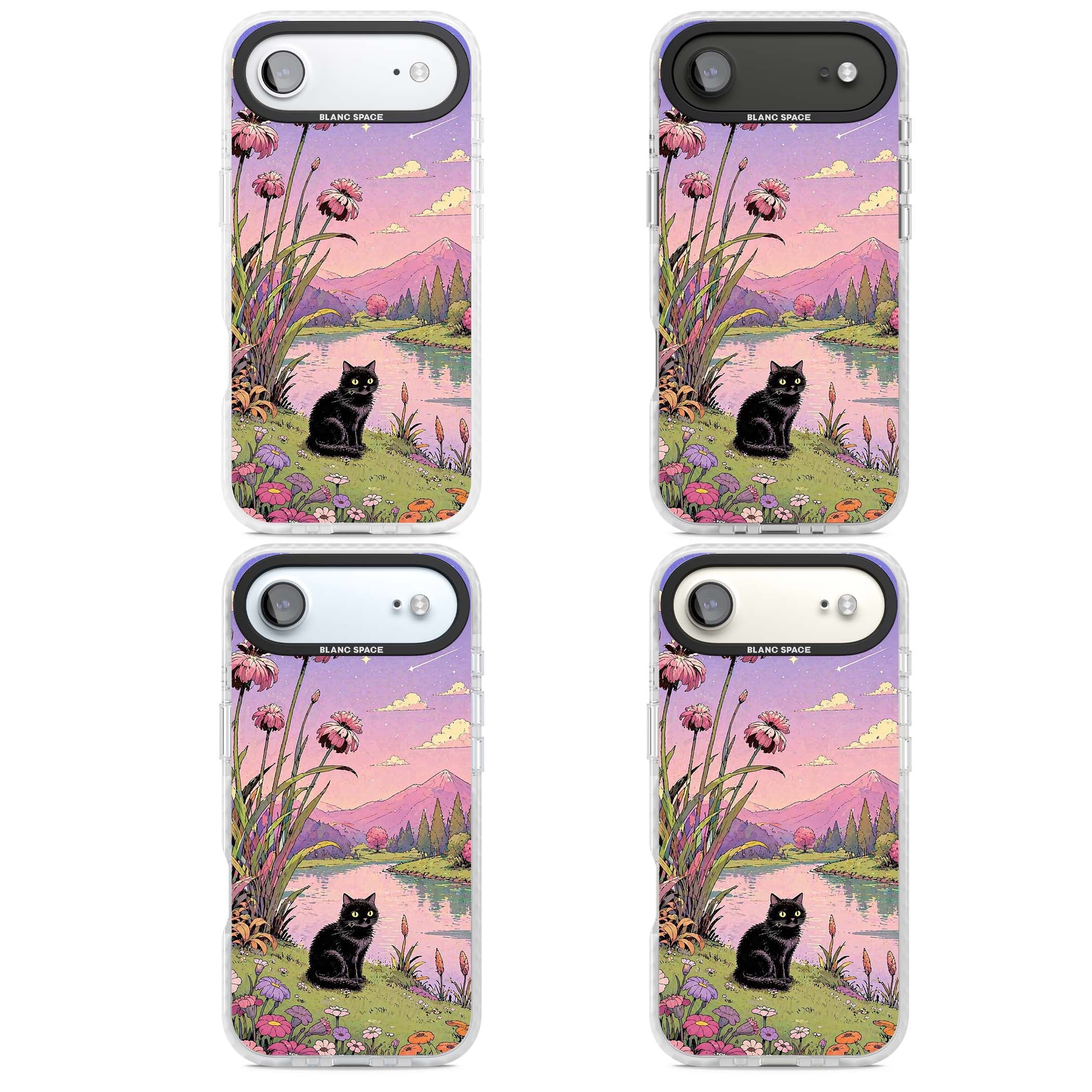 Mystic Whiskers ghibli iPhone case featuring a black cat by a pastel lake, wildflowers and a starry sunset sky | Black Impact case for iPhone Air