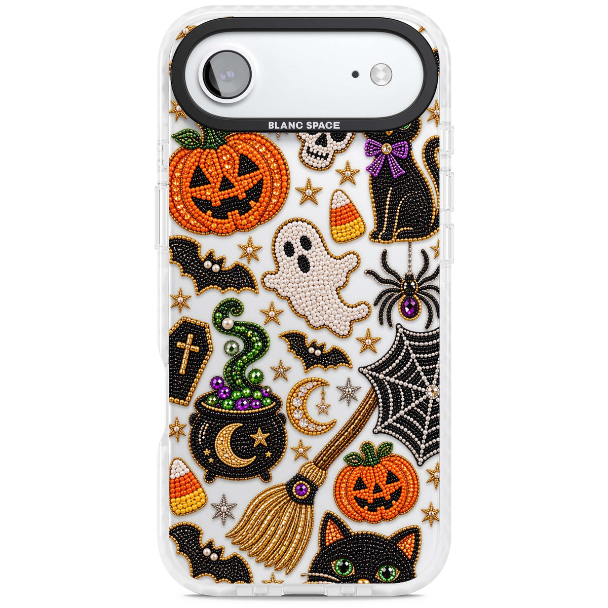 Beaded Halloween Halloween iPhone case featuring beaded pumpkins, ghosts, black cats and bats | Black Impact case for iPhone Air