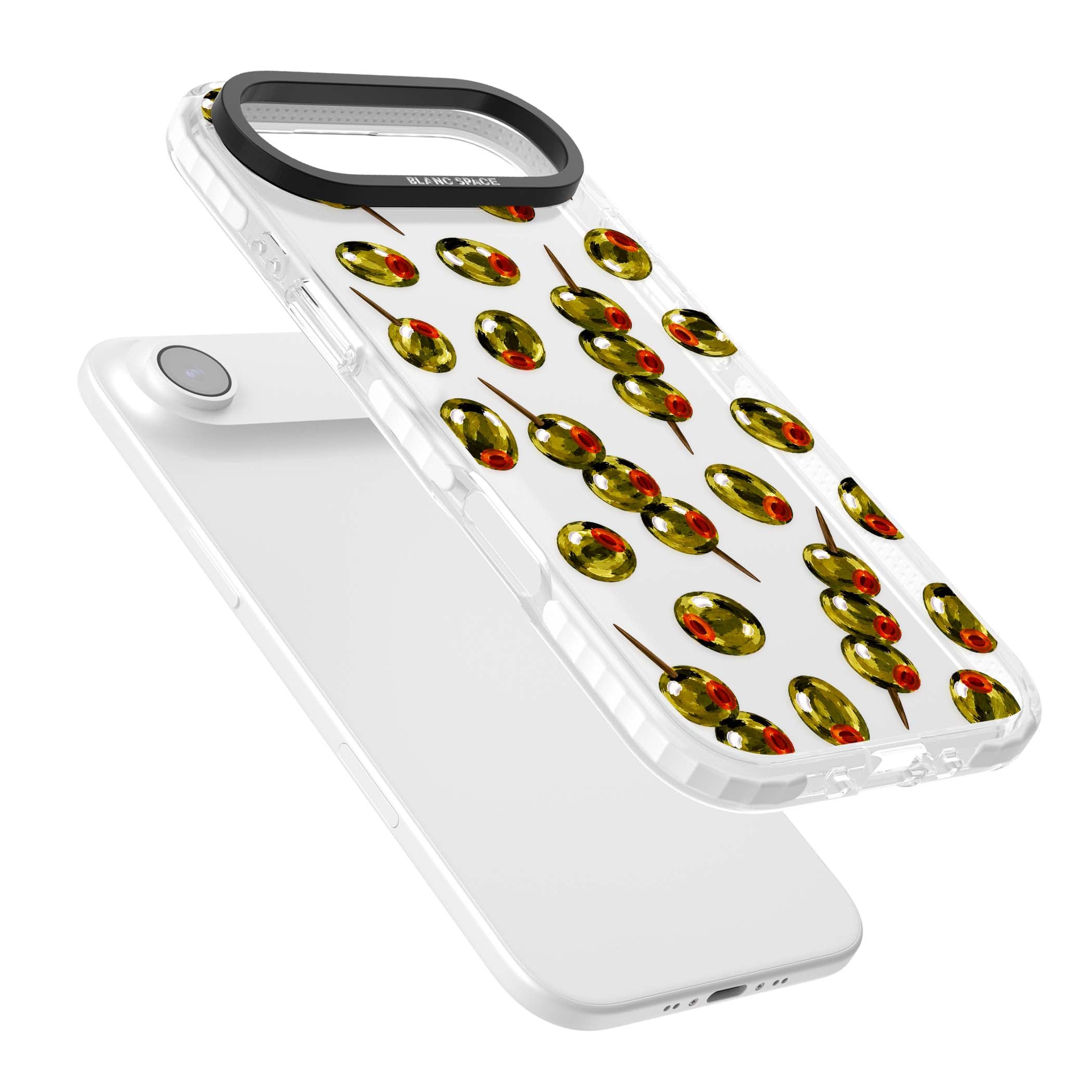 Painted Olives cocktail iPhone case featuring green olives, pimento centres and toothpick skewers on a clear background | Black Impact case for iPhone Air