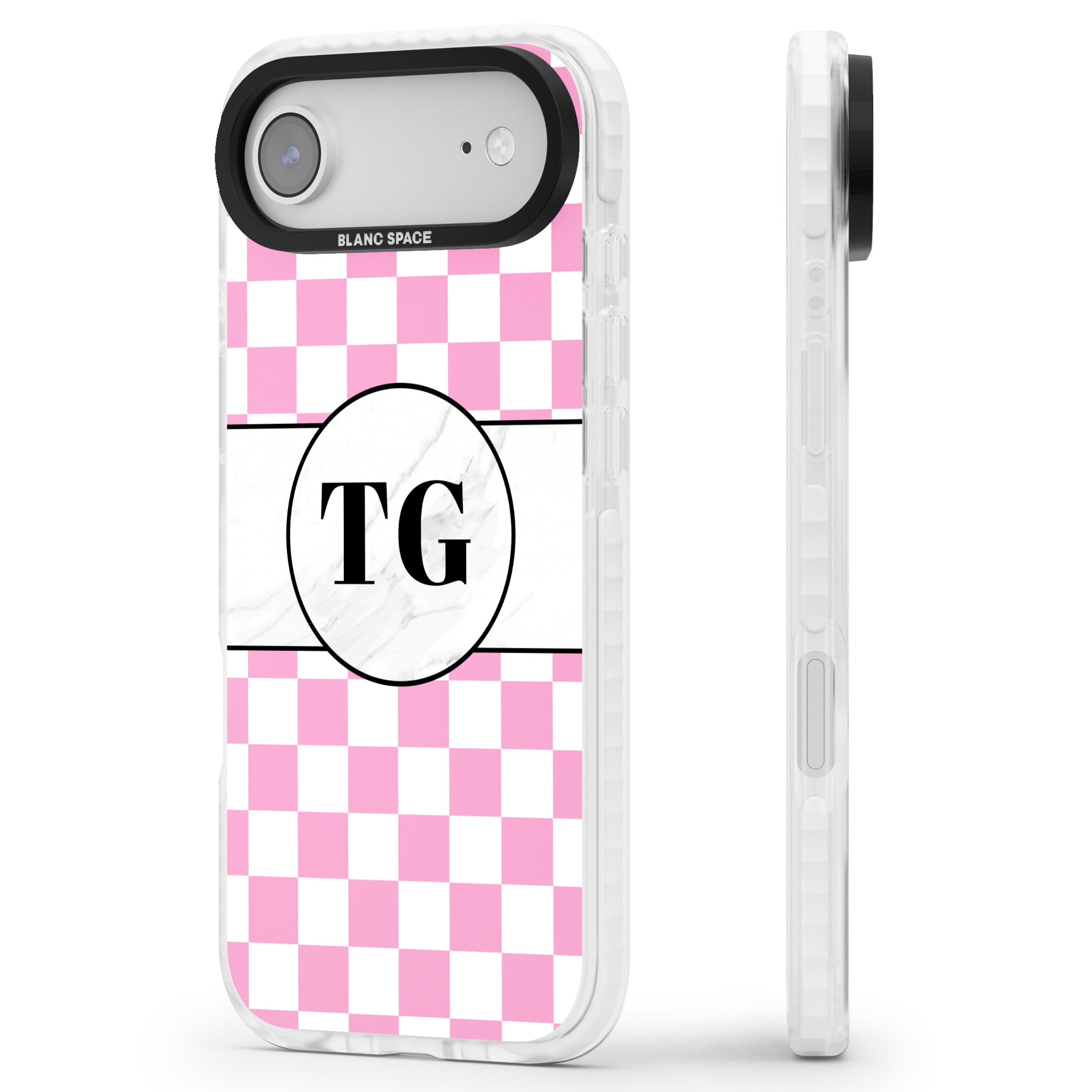 Personalised Monogrammed Pink Check iPhone 17 Air Impact Clear Phone Case Side Profile