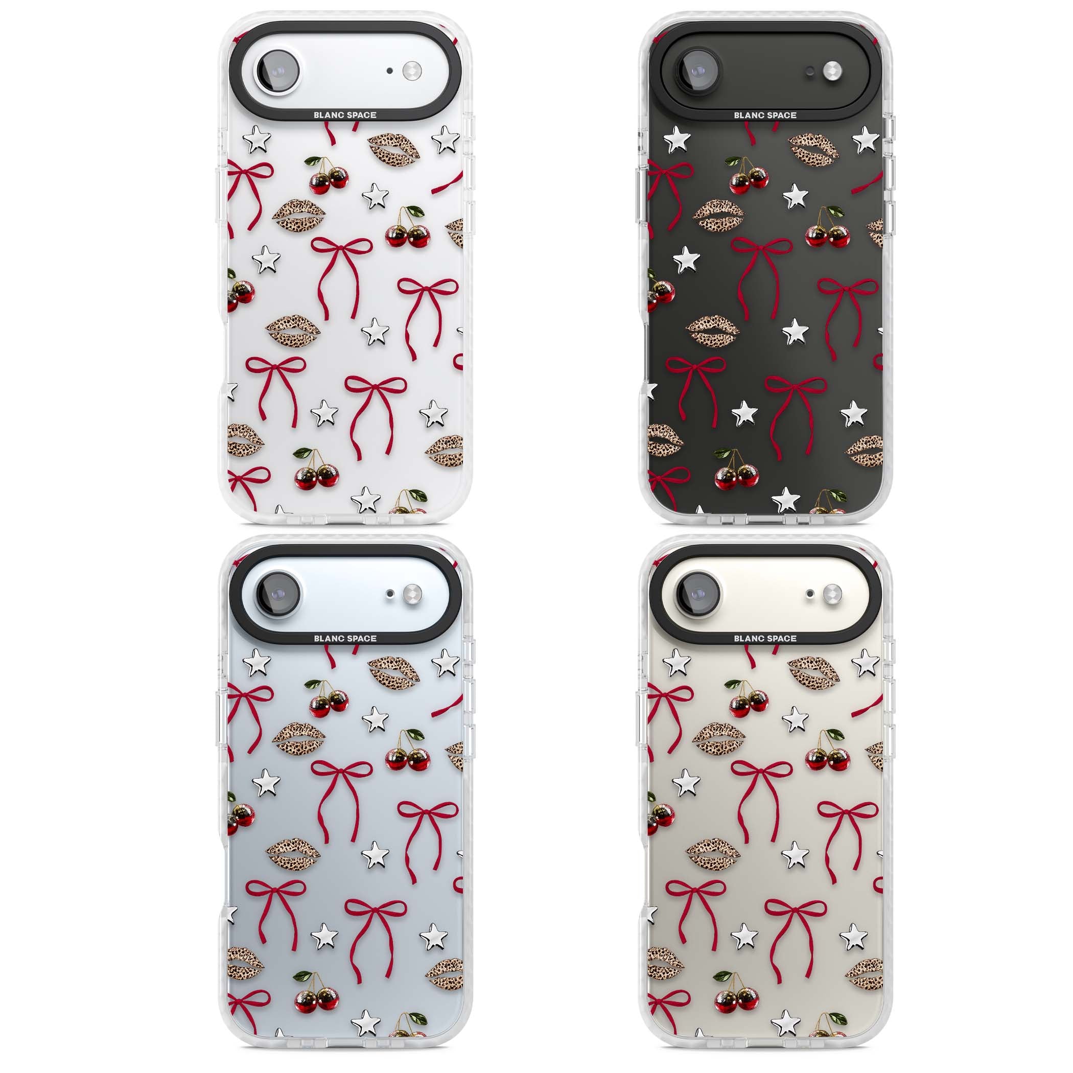Starlet coquette iPhone case featuring red ribbon bows, disco cherries and leopard-print lips | Black Impact case for iPhone Air