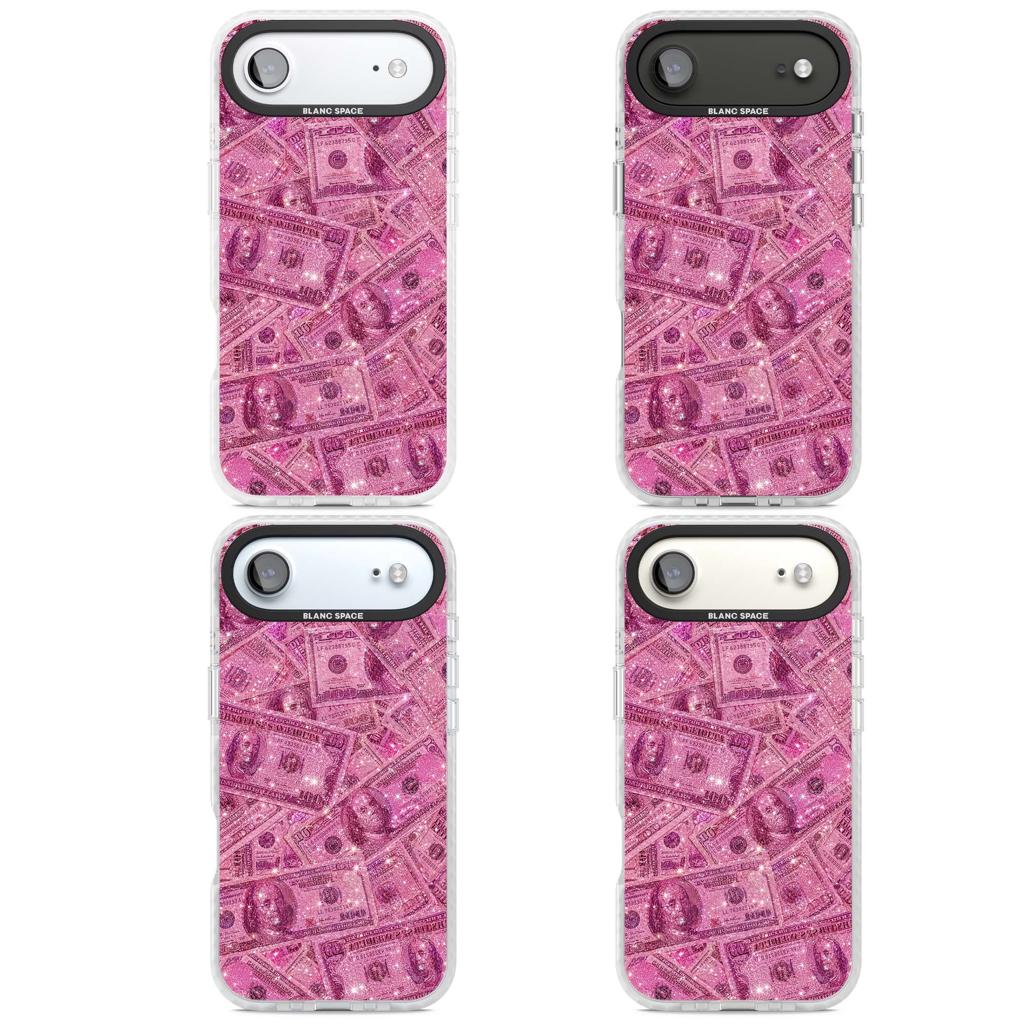 Glamorous baddie iPhone case featuring pink glitter hundred dollar bills and sparkling money wallpaper design | Black Impact case for iPhone Air
