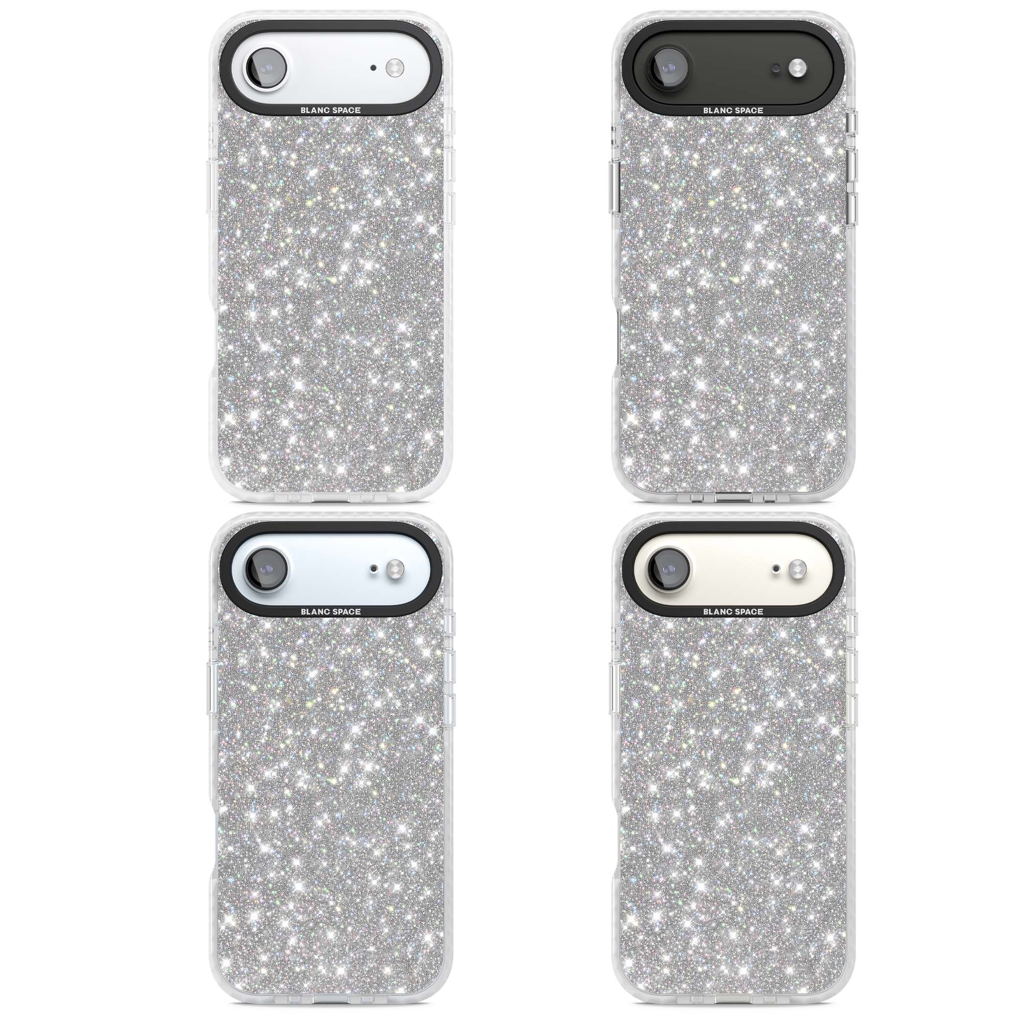 Diamond glam iPhone case featuring silver glitter sparkle and shimmering diamond dust effect | Black Impact case for iPhone Air