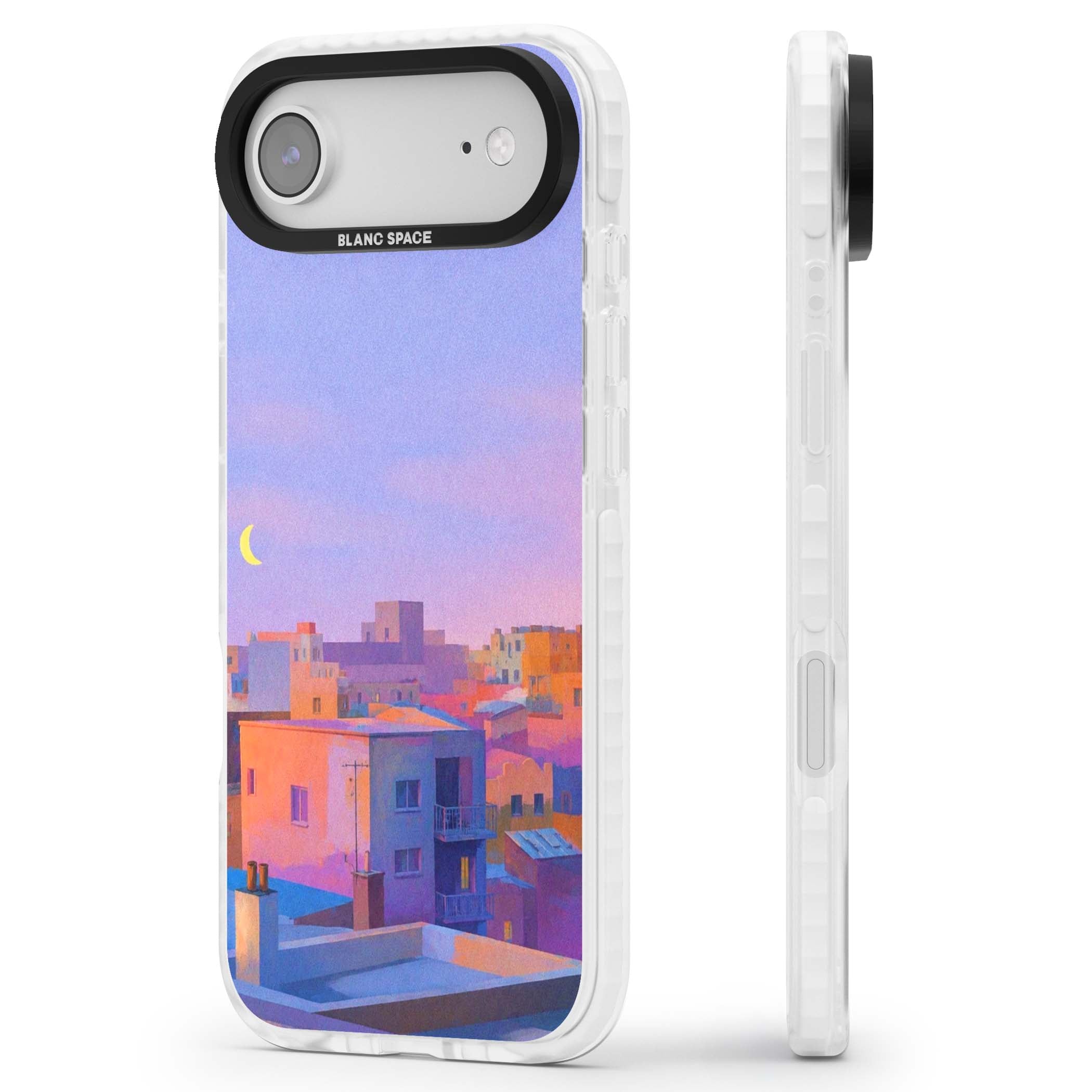 Twilight Rooftops vaporwave iPhone case featuring a pastel sunset cityscape, painted rooftops and a crescent moon. | Black Impact case for iPhone Air