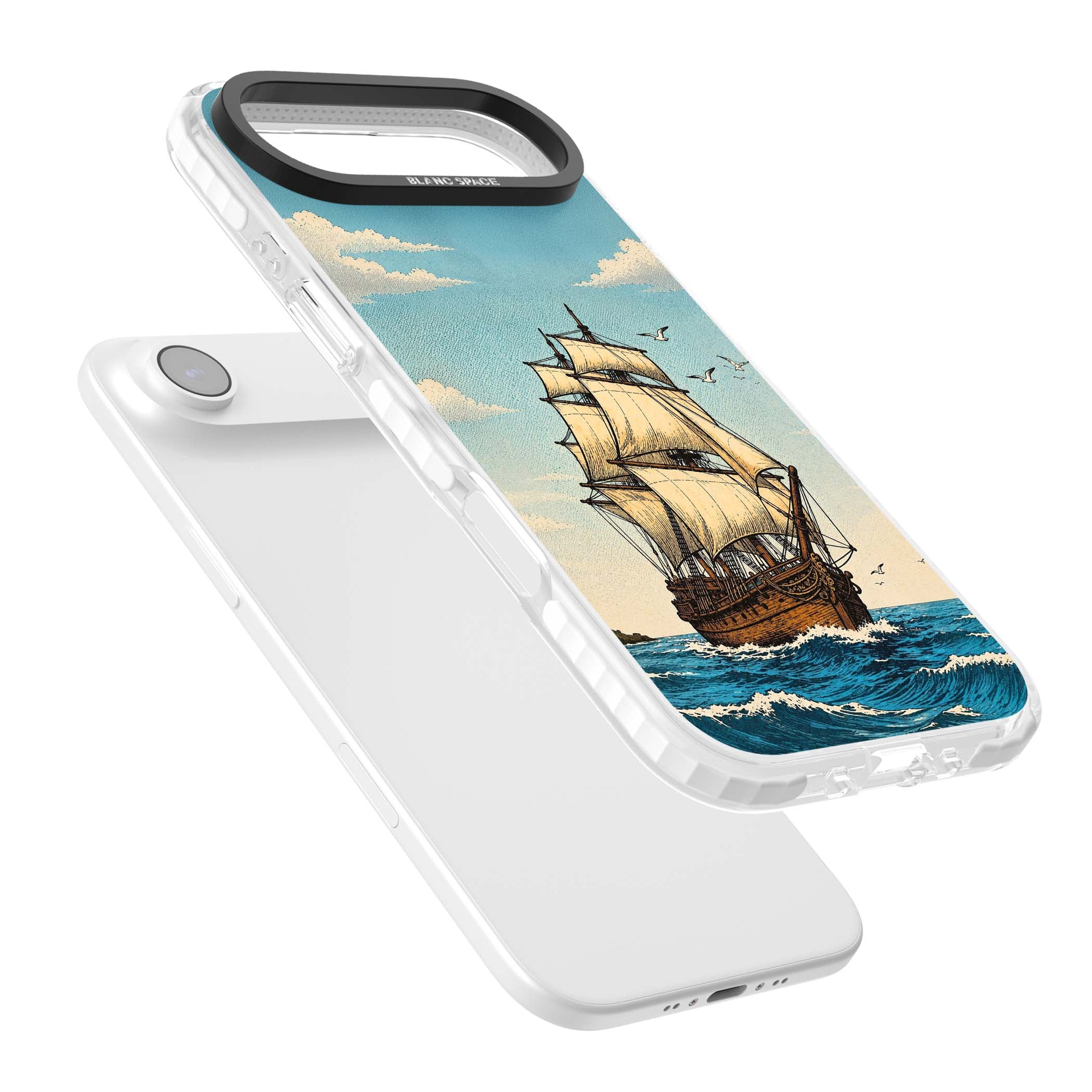 Ship at Sea nautical iPhone case featuring a vintage tall ship, ocean waves and seagulls | Black Impact case for iPhone Air
