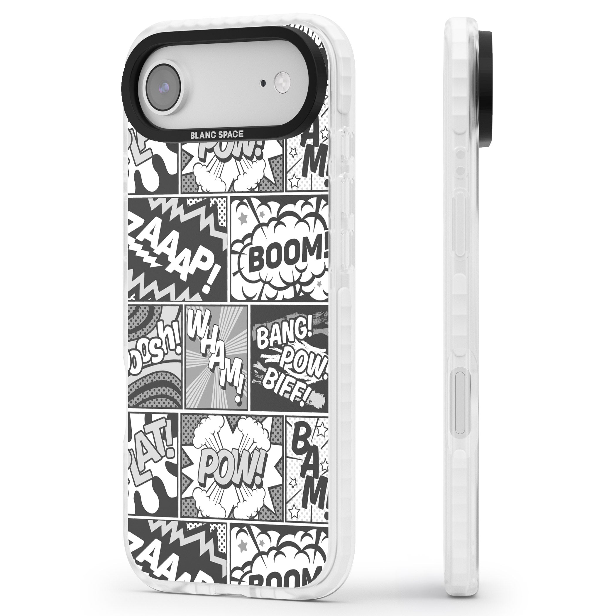 Onomatopoeia (Black & White) iPhone 17 Air Impact Clear Phone Case Side Profile