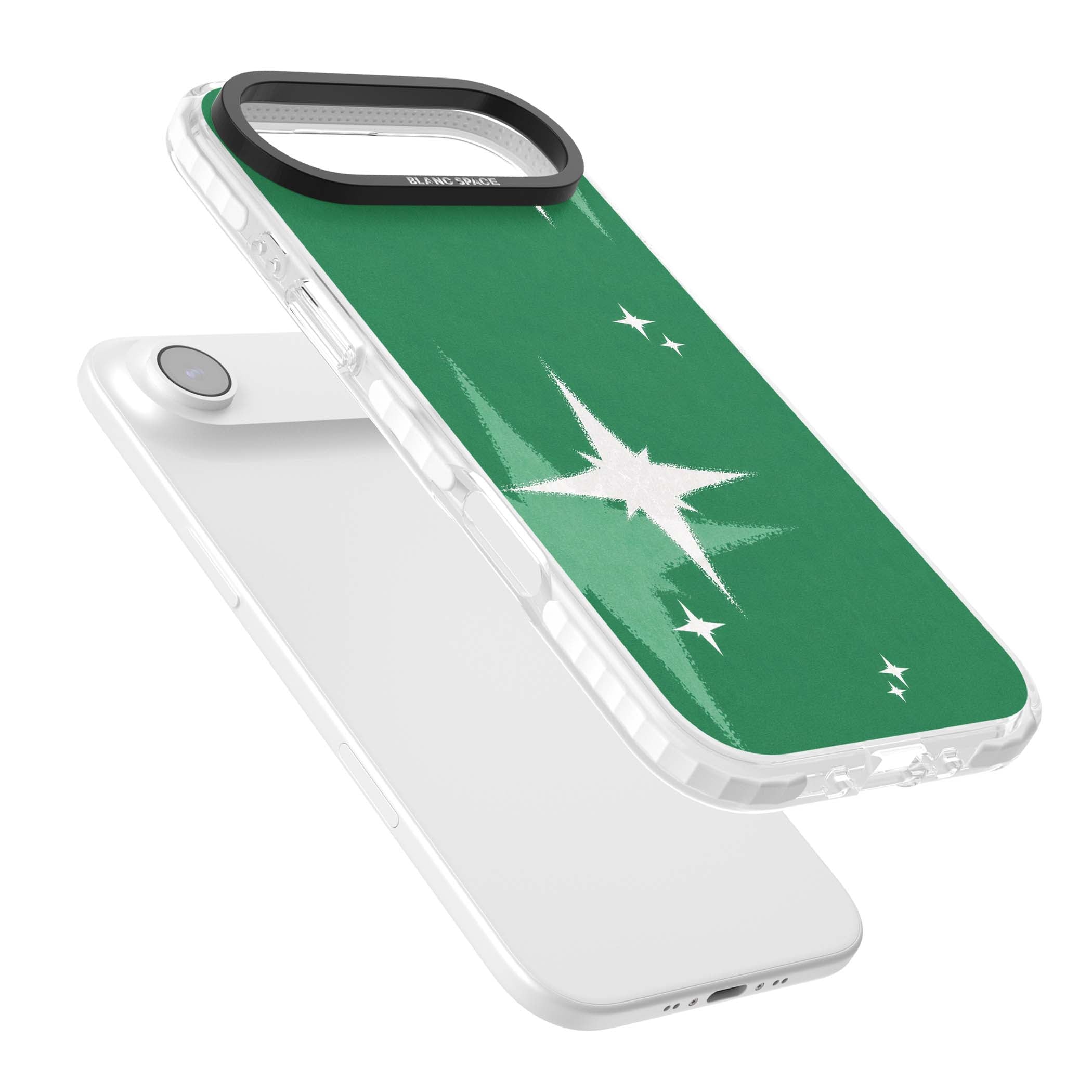 Green Sparkle celestial iPhone case featuring sparkling white four-point stars on a deep green background | Black Impact case for iPhone Air
