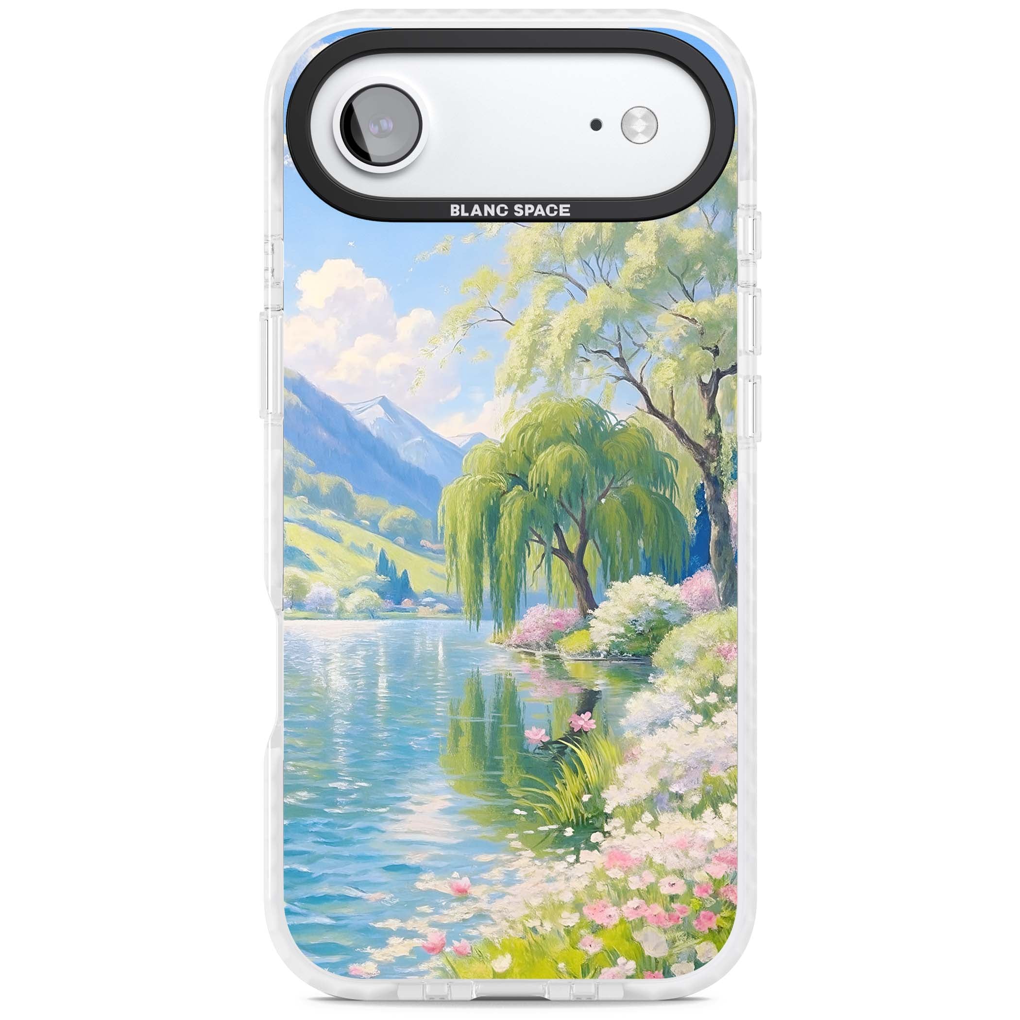 Willow Lake cottagecore iPhone case featuring a painted lakeside with weeping willow, blossoms and distant mountains | Black Impact case for iPhone Air