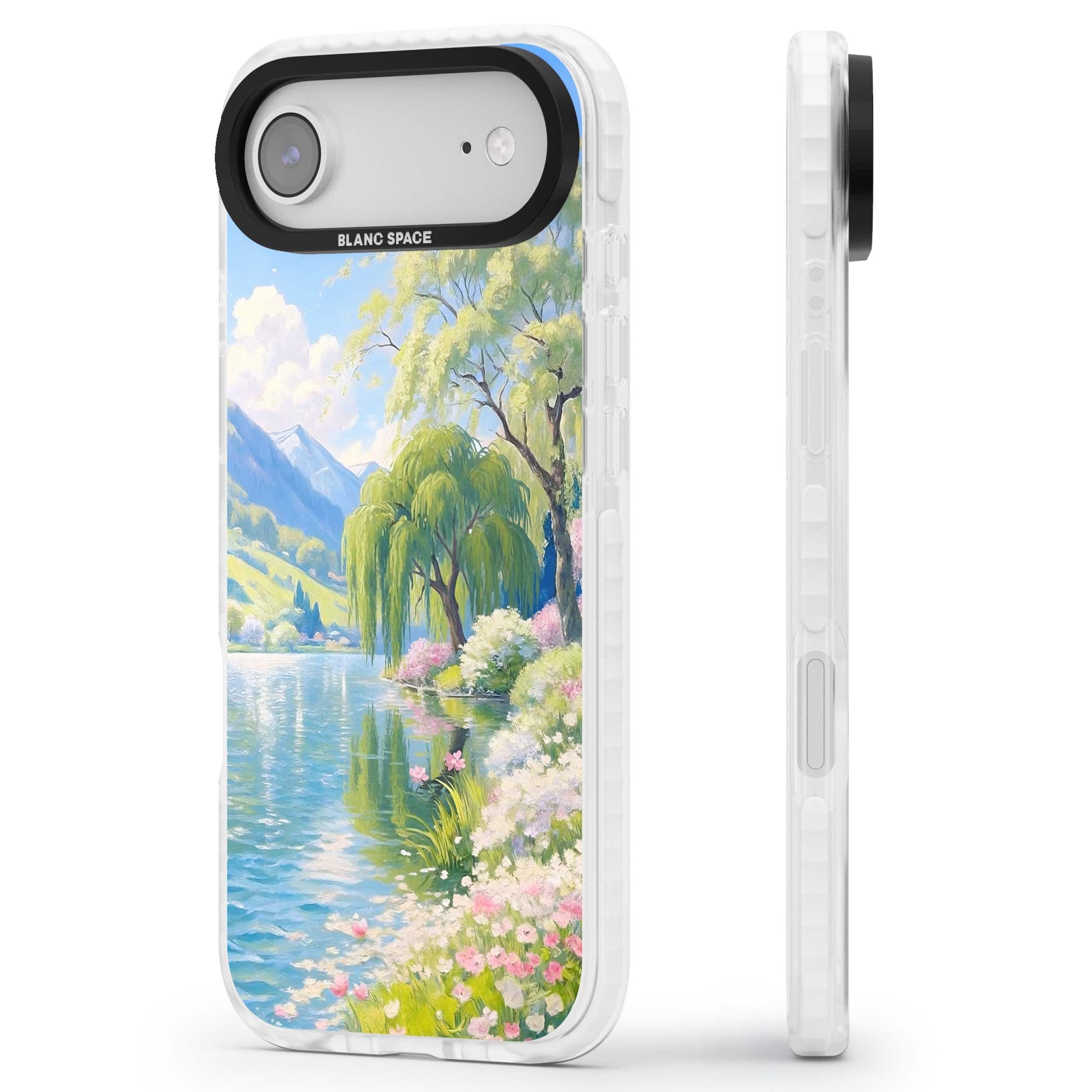 Willow Lake cottagecore iPhone case featuring a painted lakeside with weeping willow, blossoms and distant mountains | Black Impact case for iPhone Air