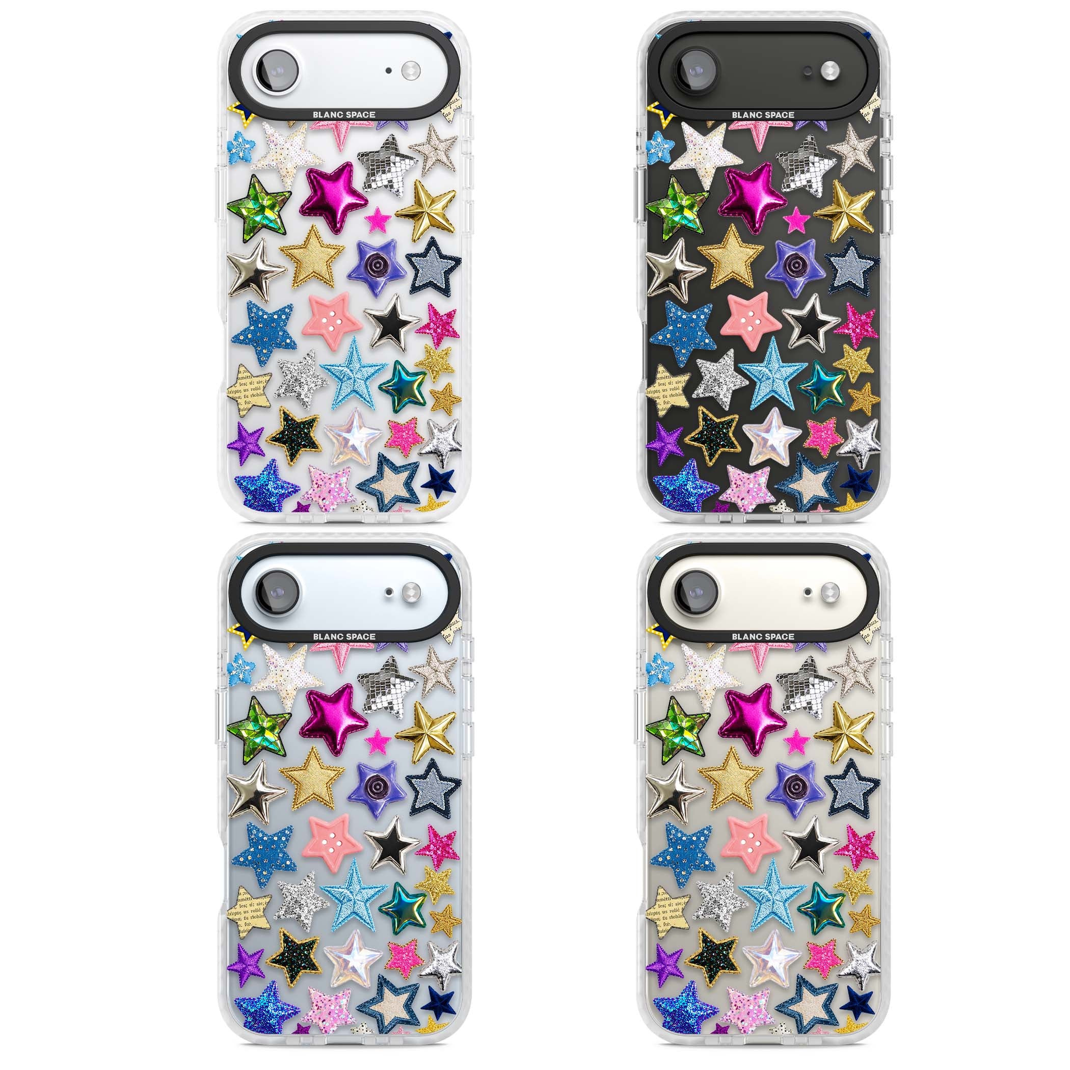 Crafty Star Mix Y2K iPhone case featuring embroidered, sequinned and glitter star patches in rainbow colours | Black Impact case for iPhone Air