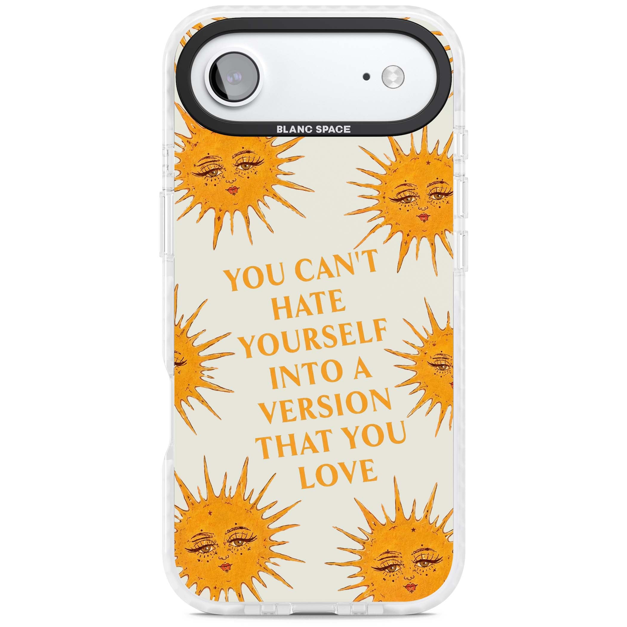 Don't Hate Yourself celestial iPhone case featuring vintage sun faces, ochre rays and a self-love quote | Black Impact case for iPhone Air