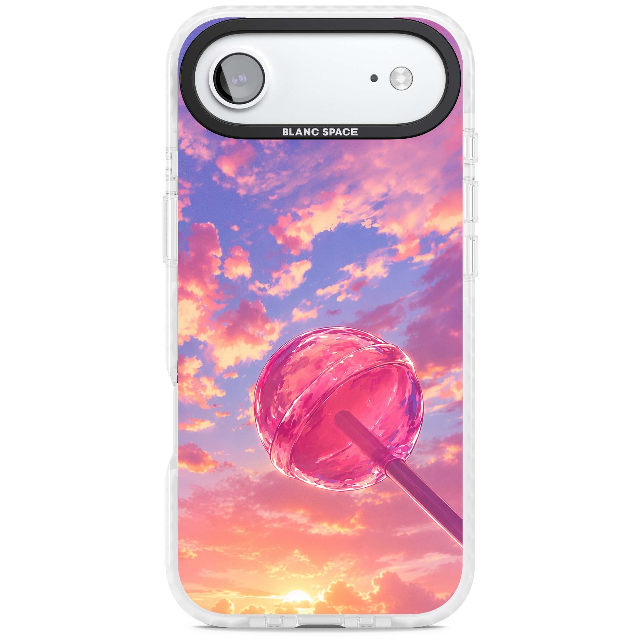 Sugar Sunset candy aesthetic iPhone case featuring a pink lollipop, pastel sunset sky and dreamy clouds | Black Impact case for iPhone Air