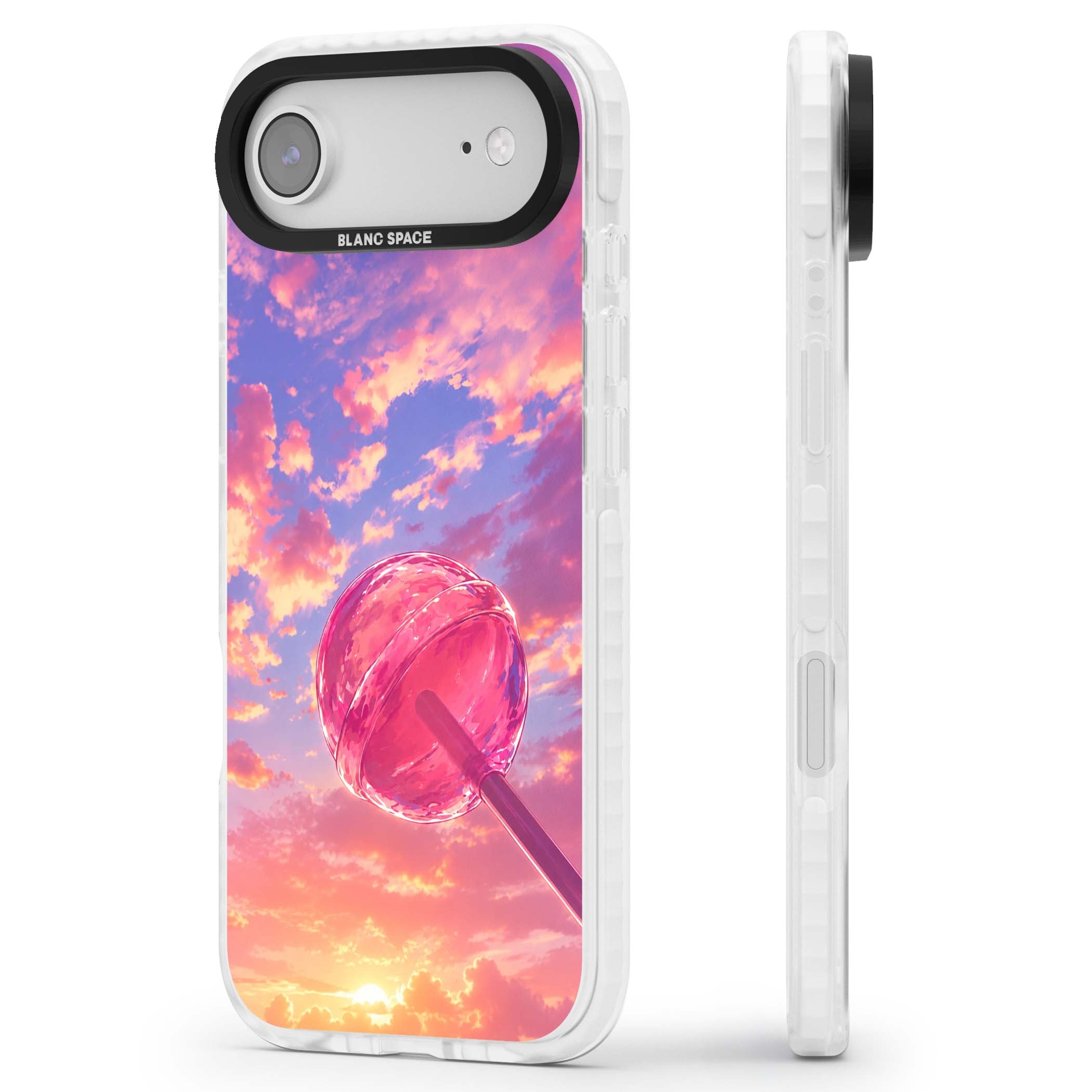 Sugar Sunset candy aesthetic iPhone case featuring a pink lollipop, pastel sunset sky and dreamy clouds | Black Impact case for iPhone Air