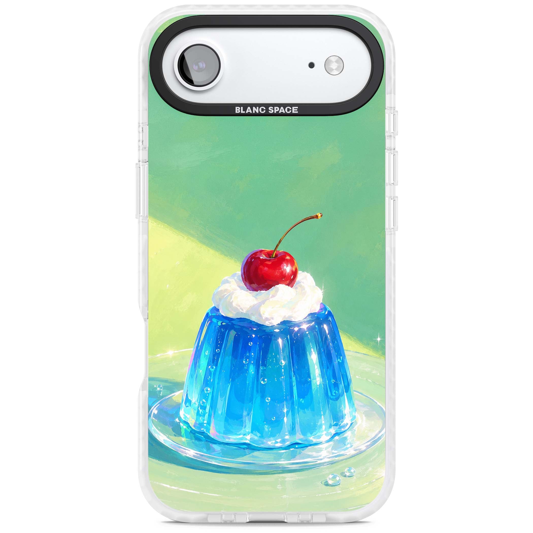 Cherry Jelly kawaii dessert iPhone case featuring blue jelly pudding, whipped cream and a red cherry | Black Impact case for iPhone Air