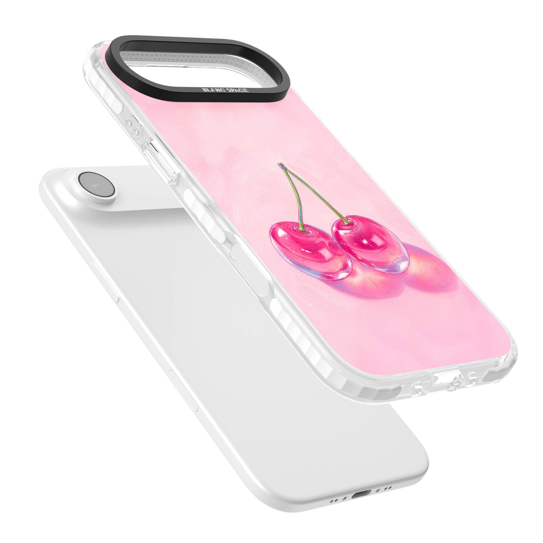 Pink Glass Cherry coquette iPhone case featuring two glossy painted cherries on a soft pink background | Black Impact case for iPhone Air