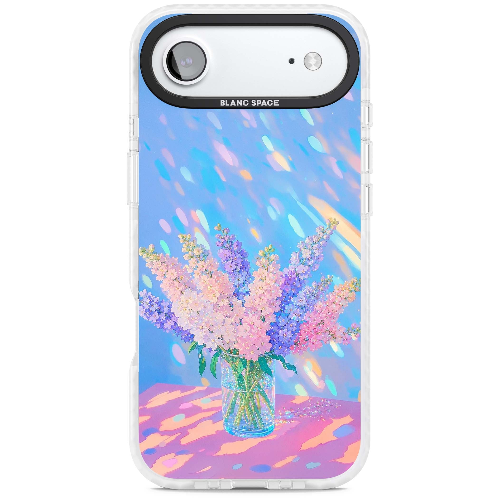 Bubblegum Flowers floral iPhone case featuring pastel lilac and pink bouquet in a glass vase with iridescent light | Black Impact case for iPhone Air