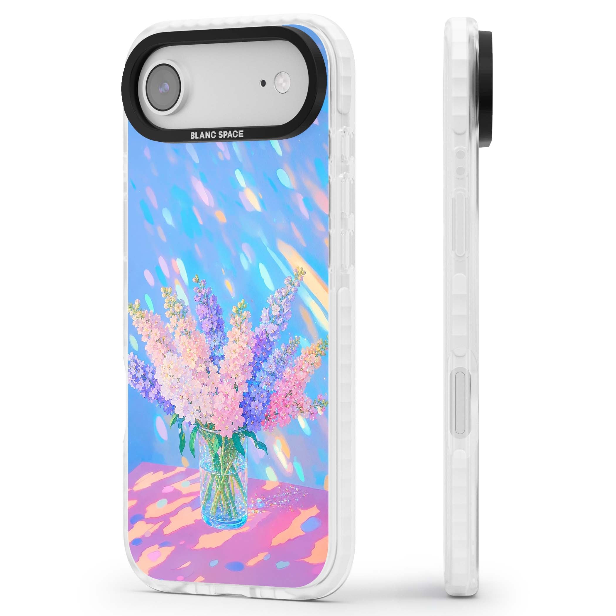 Bubblegum Flowers floral iPhone case featuring pastel lilac and pink bouquet in a glass vase with iridescent light | Black Impact case for iPhone Air