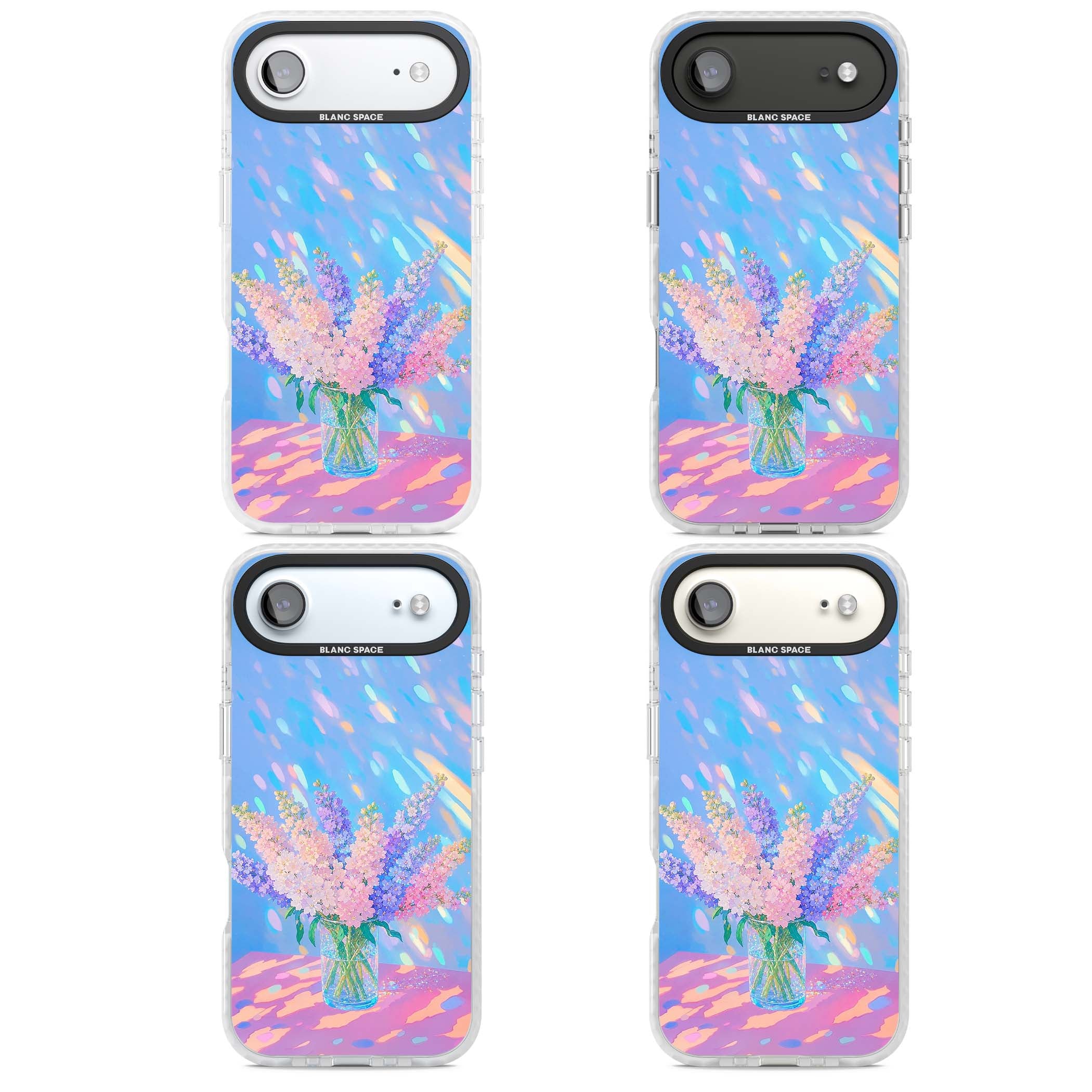 Bubblegum Flowers floral iPhone case featuring pastel lilac and pink bouquet in a glass vase with iridescent light | Black Impact case for iPhone Air