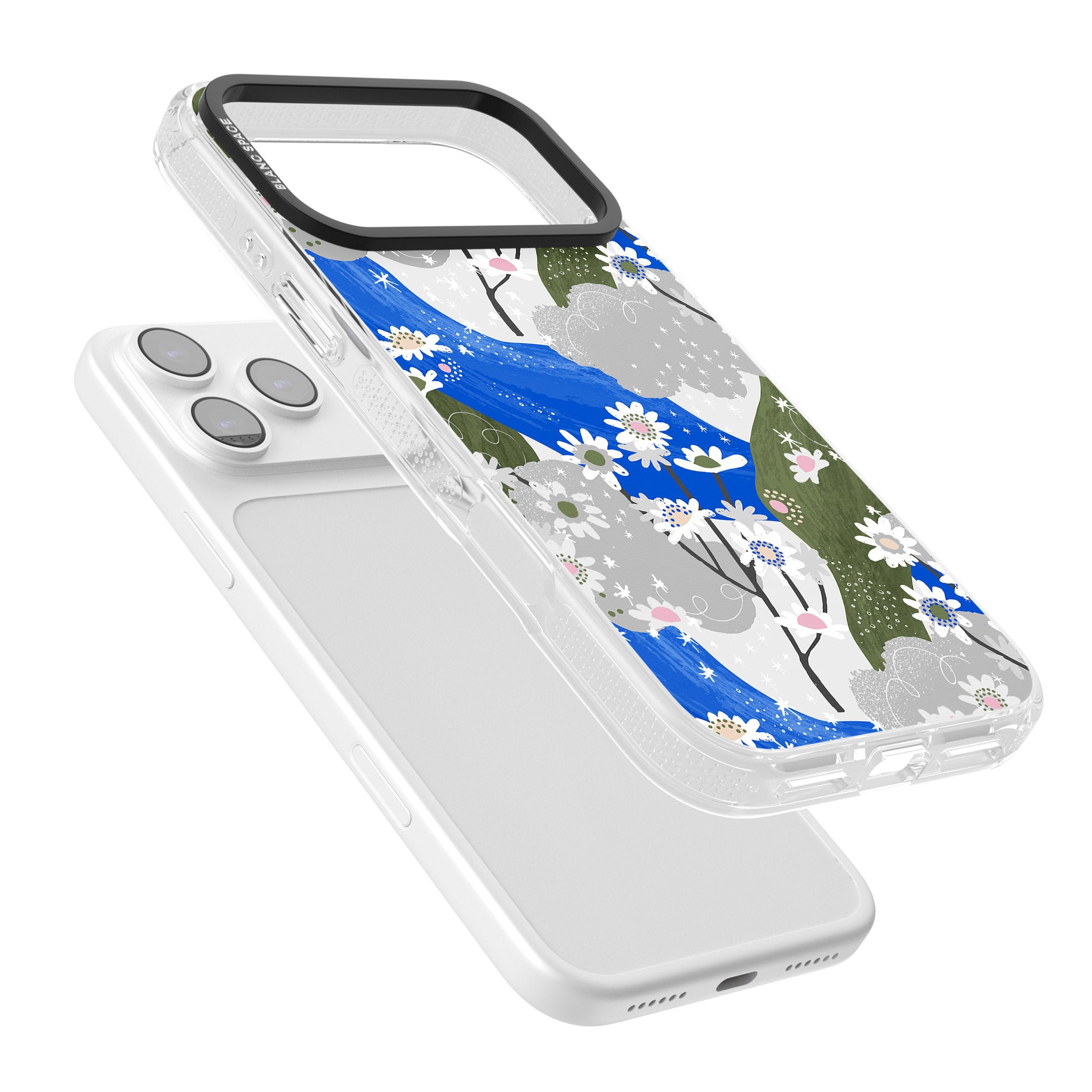 Blue & Grey Daisies Pattern iPhone 17 Pro Impact Air Clear Phone Case Colours
