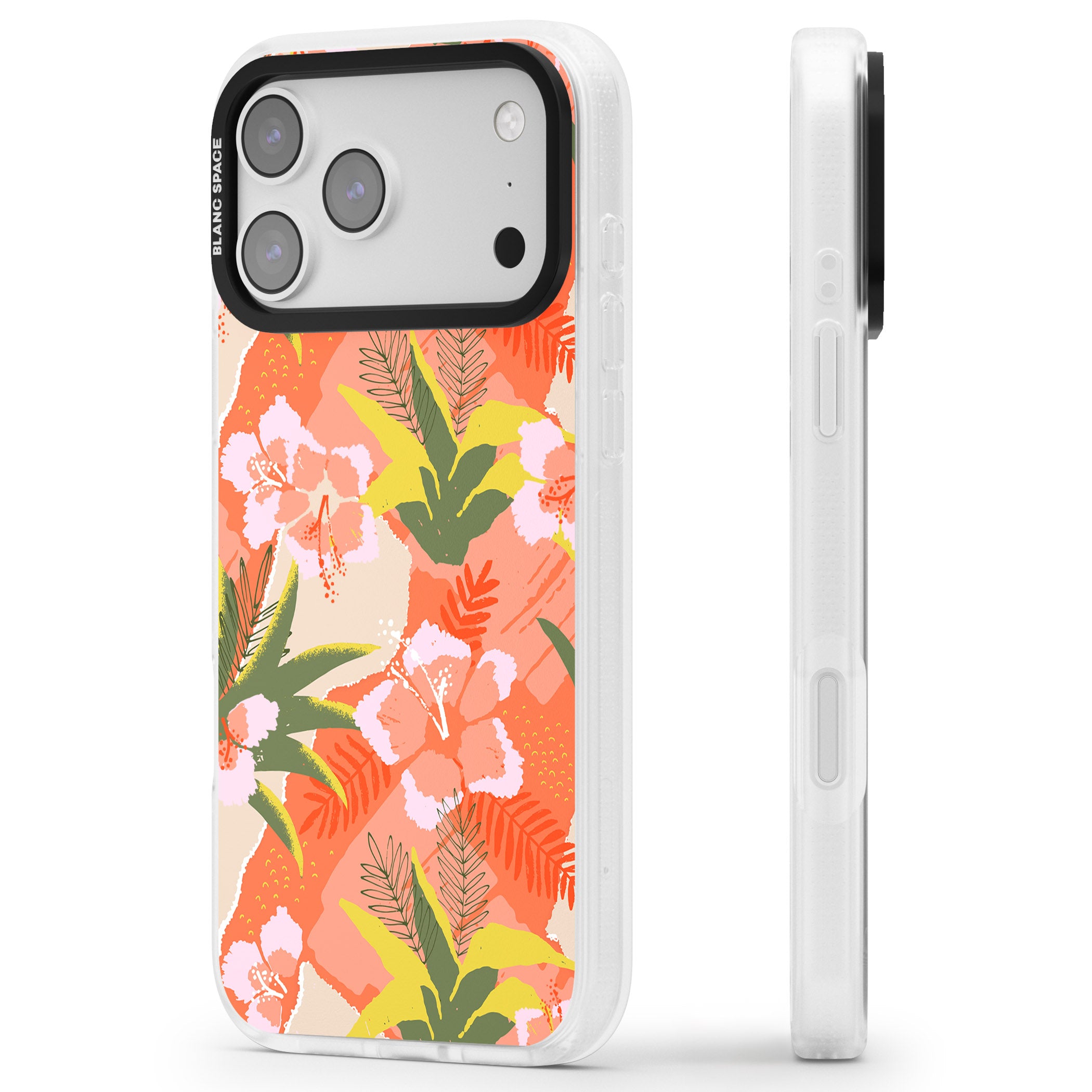Hawaiian Flowers Abstract Pattern iPhone 17 Pro Impact Air Clear Phone Case Side Profile