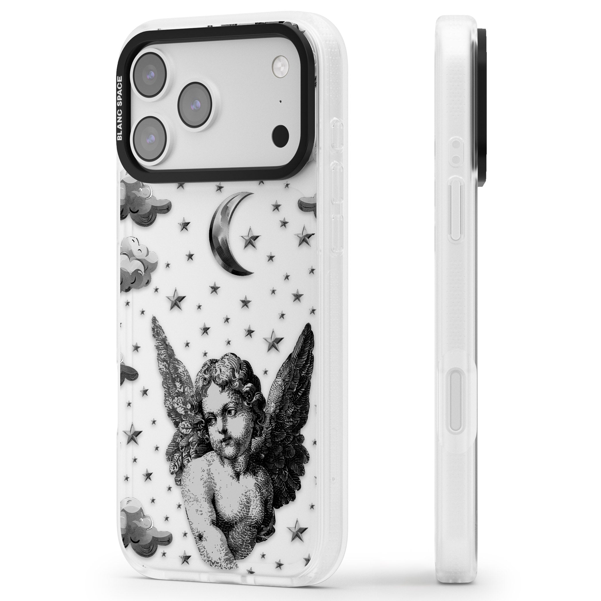 Celestial Cherub iPhone 17 Pro Impact Air Clear Phone Case Side Profile
