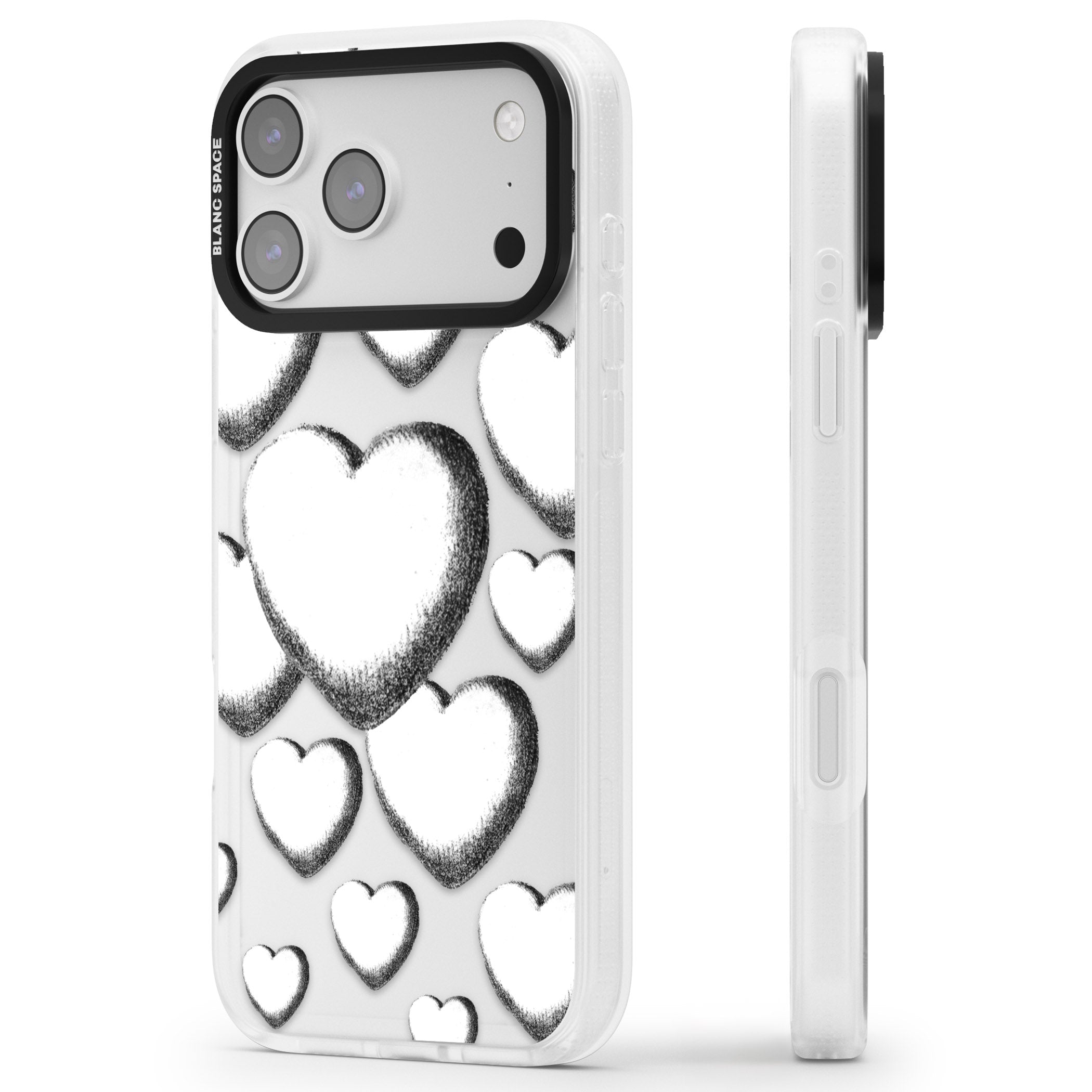 Hand Drawn Hearts iPhone 17 Pro Impact Air Clear Phone Case Side Profile