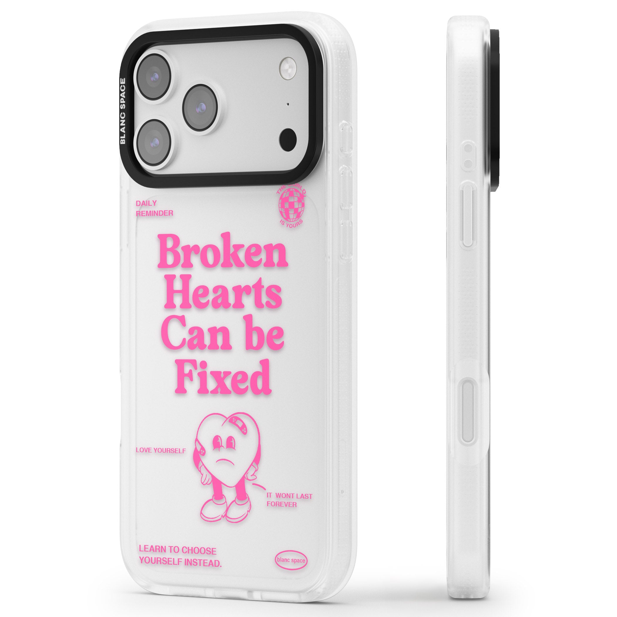 Broken Hearts Can Be Fixed iPhone 17 Pro Impact Air Clear Phone Case Side Profile