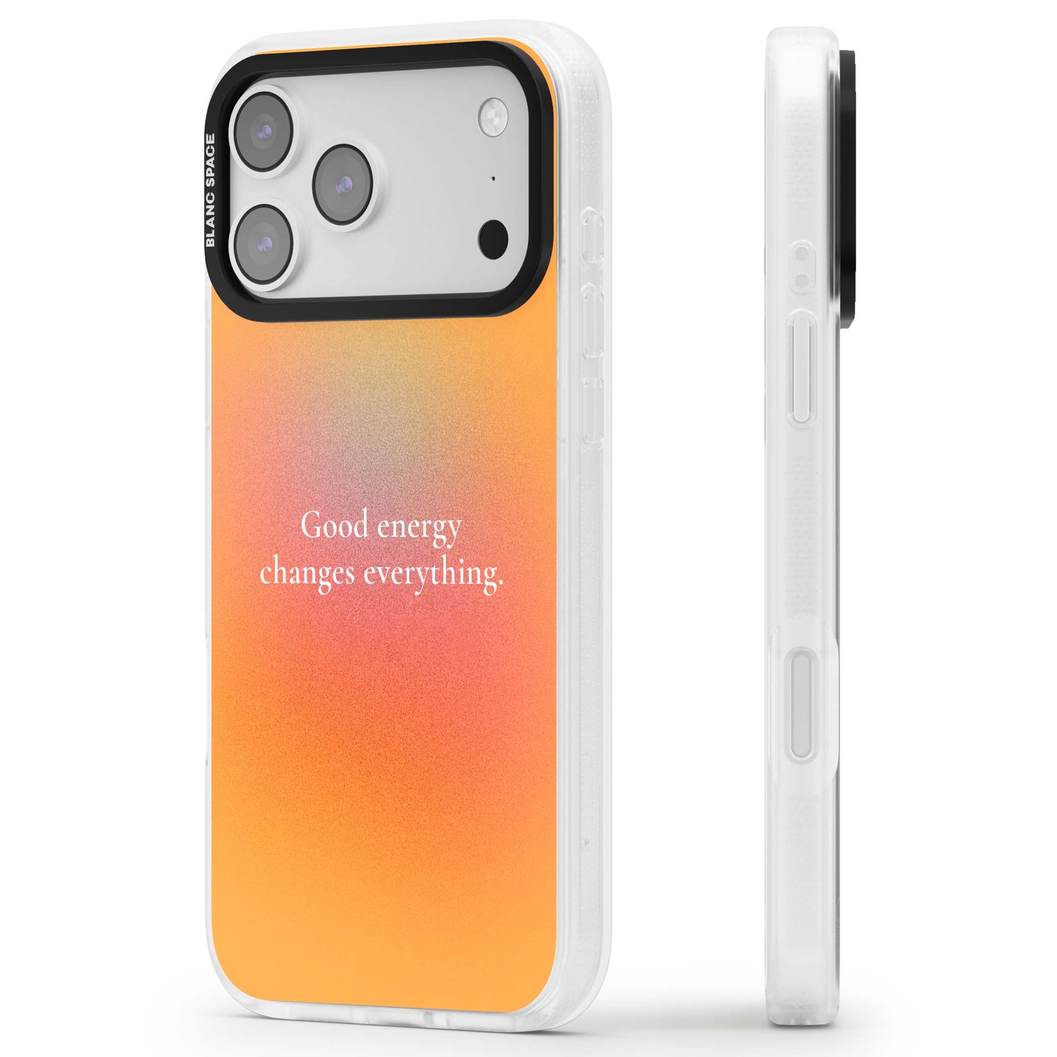 Good Energy quote iPhone case featuring an orange and pink aura gradient with white serif affirmation text | Clear Case Impact Air case for iPhone 17 Pro, iPhone 17 Pro Max