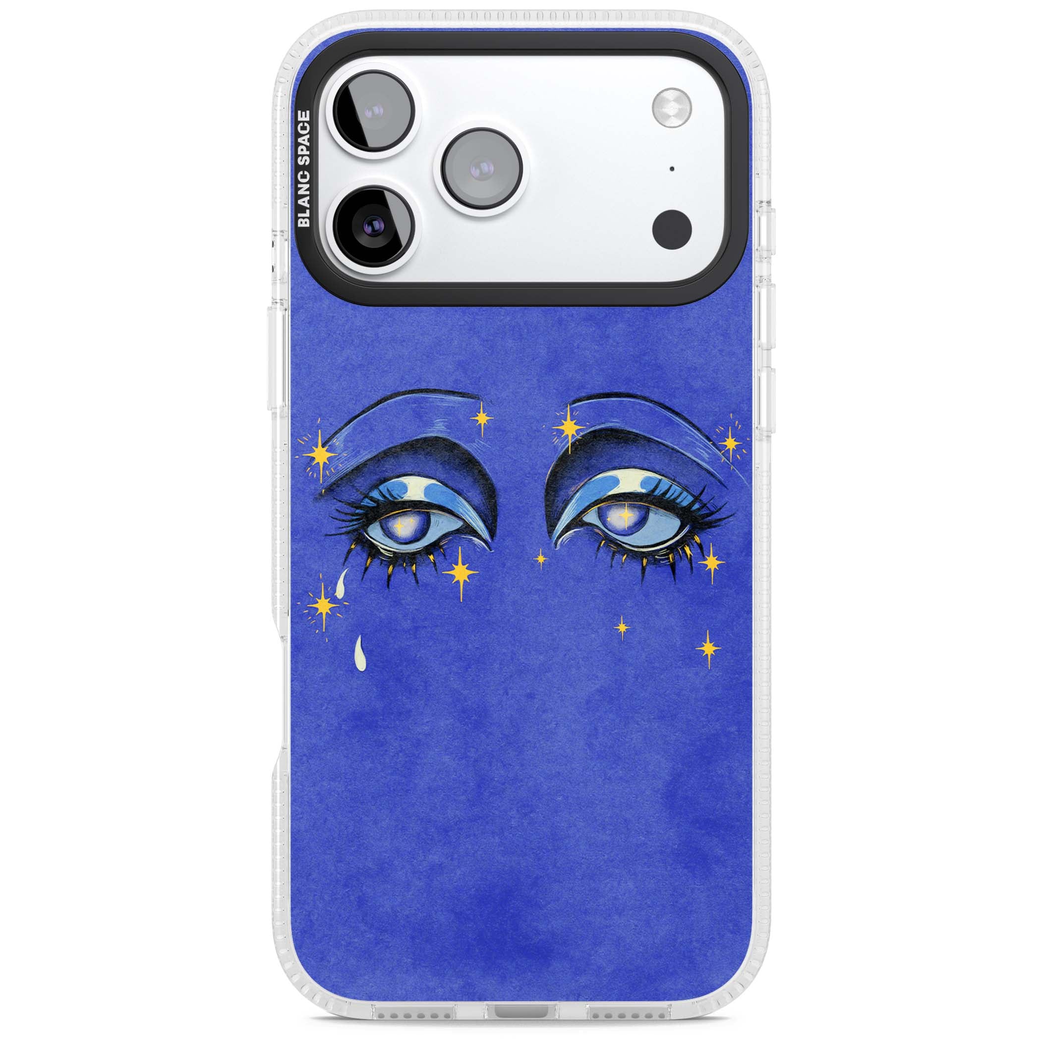 Blue Mystic Eyes celestial iPhone case featuring hand drawn blue mystical eyes, golden stars and a painted tear on indigo | Clear Case Impact Air case for iPhone 17 Pro, iPhone 17 Pro Max