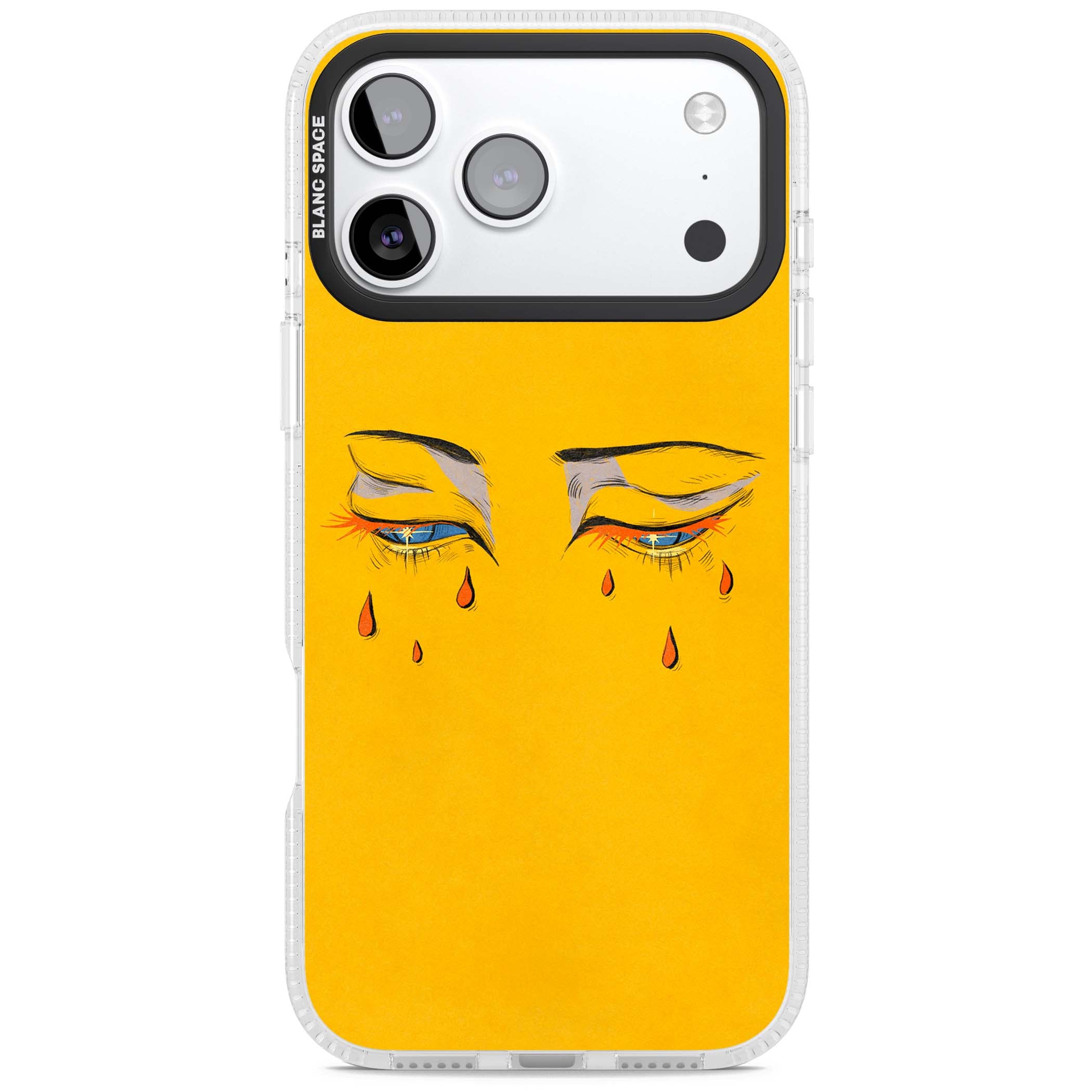 Yellow Tearful Eyes indie iPhone case featuring hand-drawn crying eyes with orange tears on a yellow background | Clear Case Impact Air case for iPhone 17 Pro, iPhone 17 Pro Max