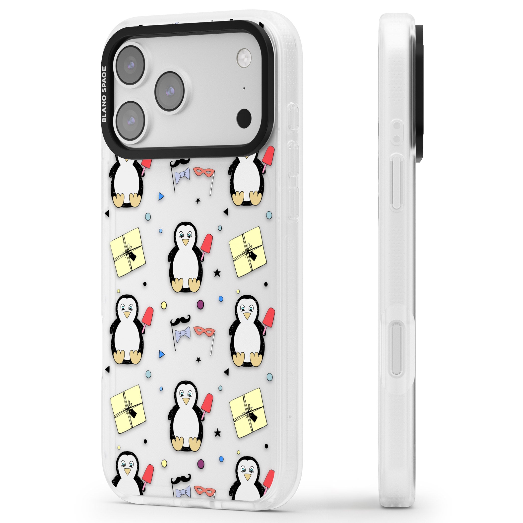 Cute Penguin Pattern Clear iPhone 17 Pro Impact Air Clear Phone Case Side Profile