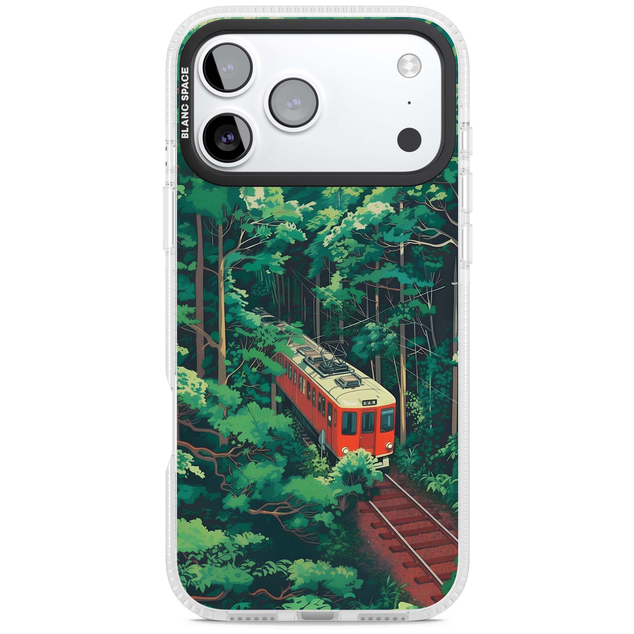 Railway In Toyama Japanese iPhone case featuring a red train, cedar forest and winding mountain railway tracks | Clear Case Impact Air case for iPhone 17 Pro, iPhone 17 Pro Max