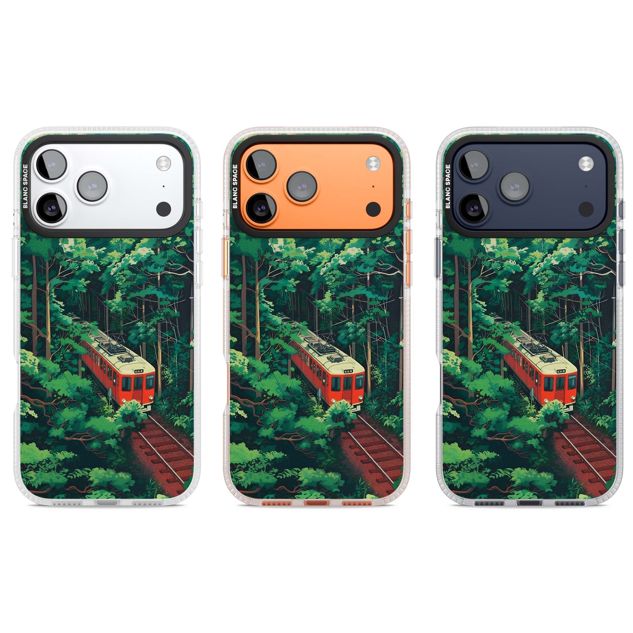 Railway In Toyama Japanese iPhone case featuring a red train, cedar forest and winding mountain railway tracks | Clear Case Impact Air case for iPhone 17 Pro, iPhone 17 Pro Max