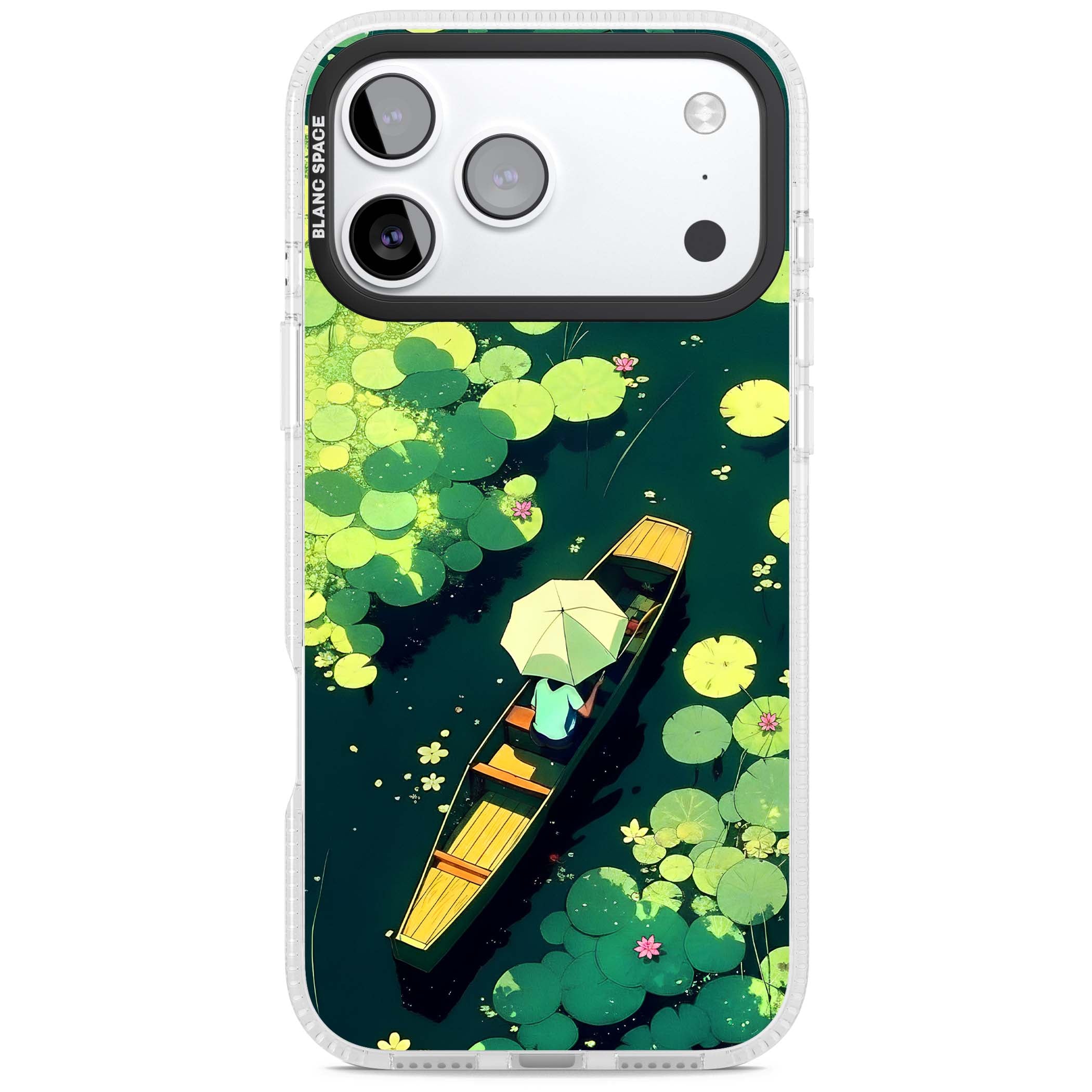 Jade Waters cottagecore iPhone case featuring a painted lily pond, wooden boat with parasol and floating water lilies | Clear Case Impact Air case for iPhone 17 Pro, iPhone 17 Pro Max