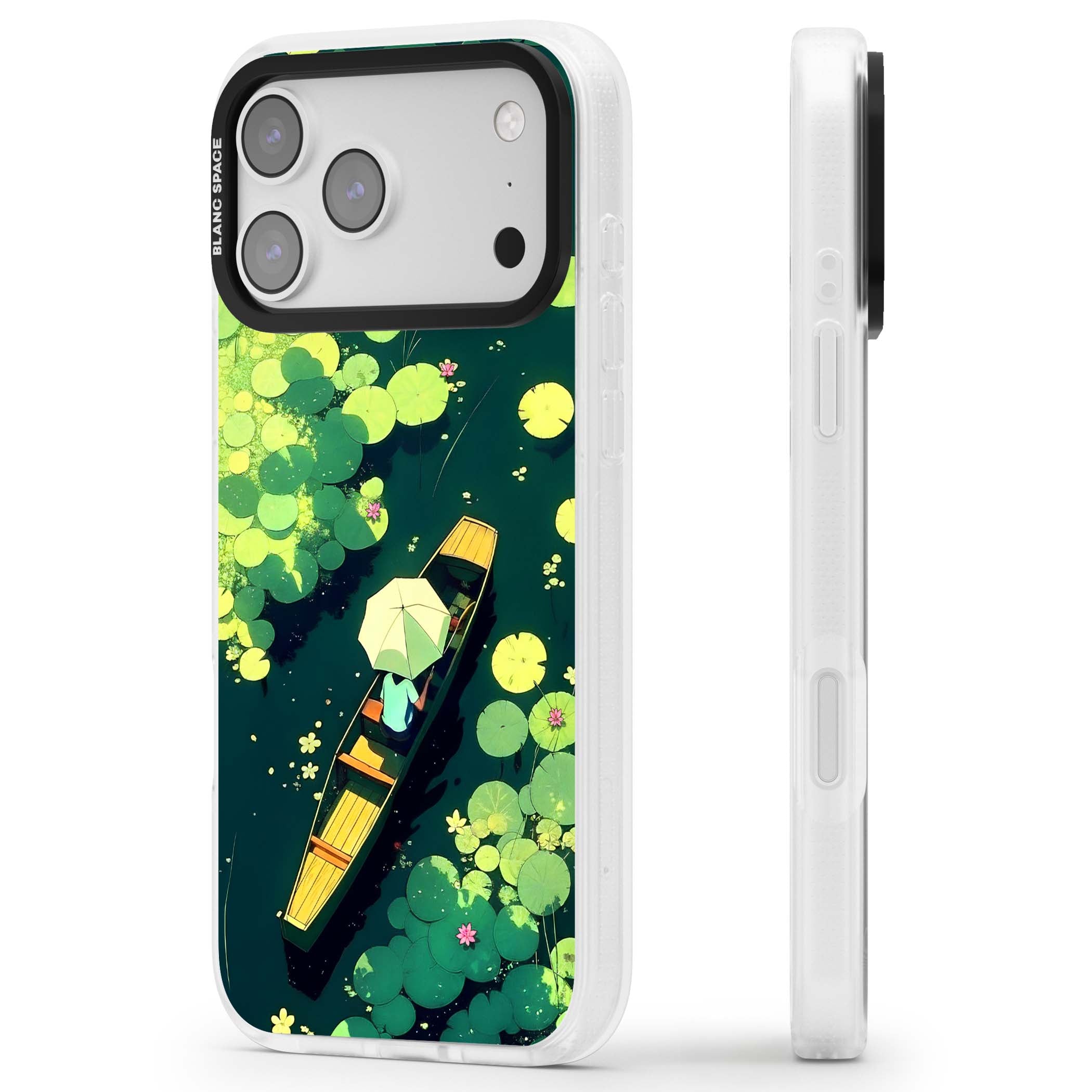 Jade Waters cottagecore iPhone case featuring a painted lily pond, wooden boat with parasol and floating water lilies | Clear Case Impact Air case for iPhone 17 Pro, iPhone 17 Pro Max