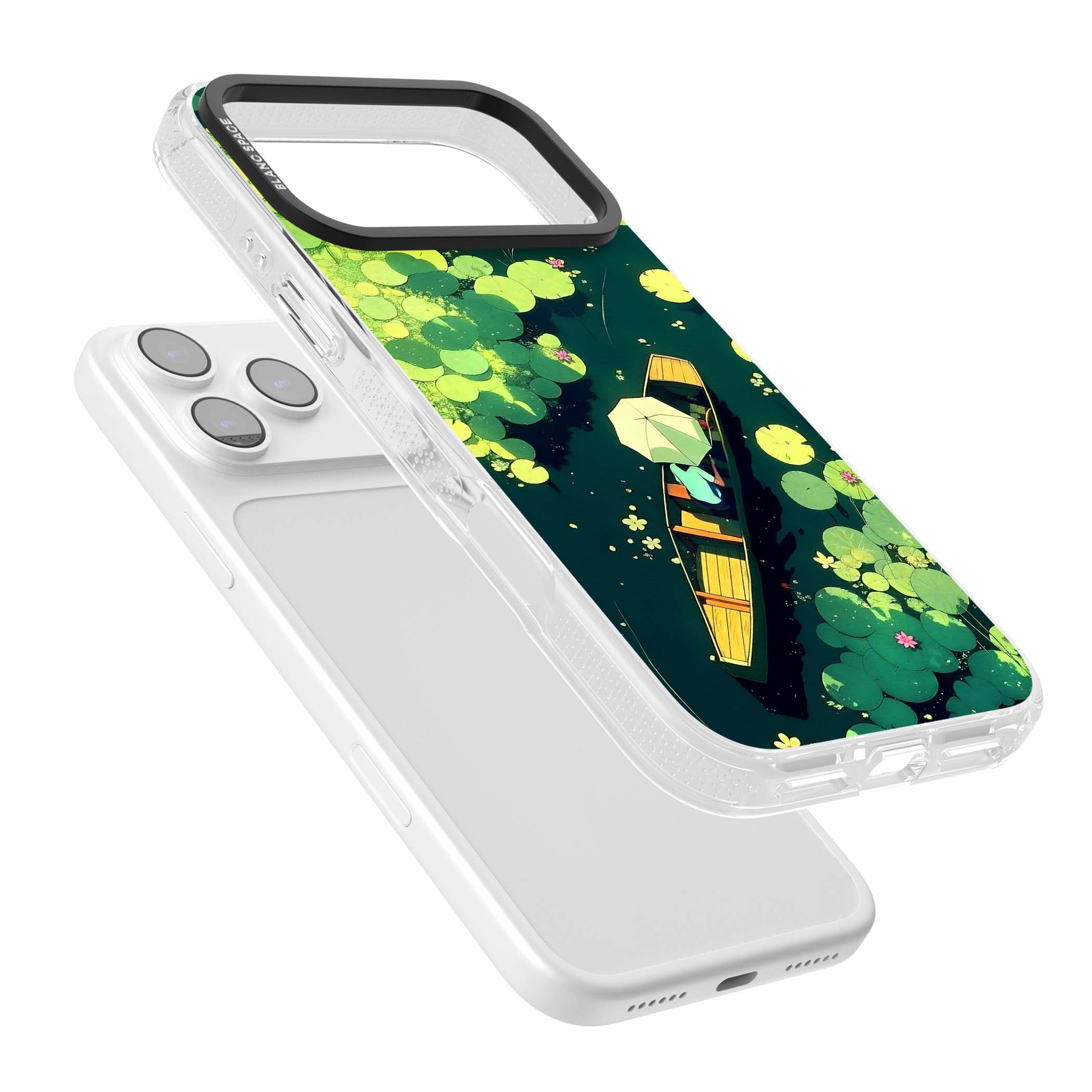 Jade Waters cottagecore iPhone case featuring a painted lily pond, wooden boat with parasol and floating water lilies | Clear Case Impact Air case for iPhone 17 Pro, iPhone 17 Pro Max