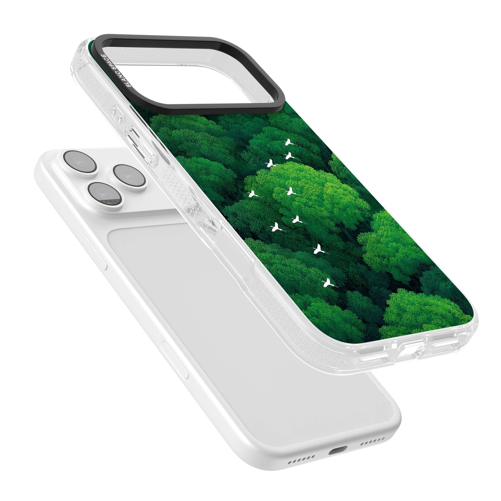 Grove Migration forest iPhone case featuring white cranes flying over lush green treetop canopy | Clear Case Impact Air case for iPhone 17 Pro, iPhone 17 Pro Max