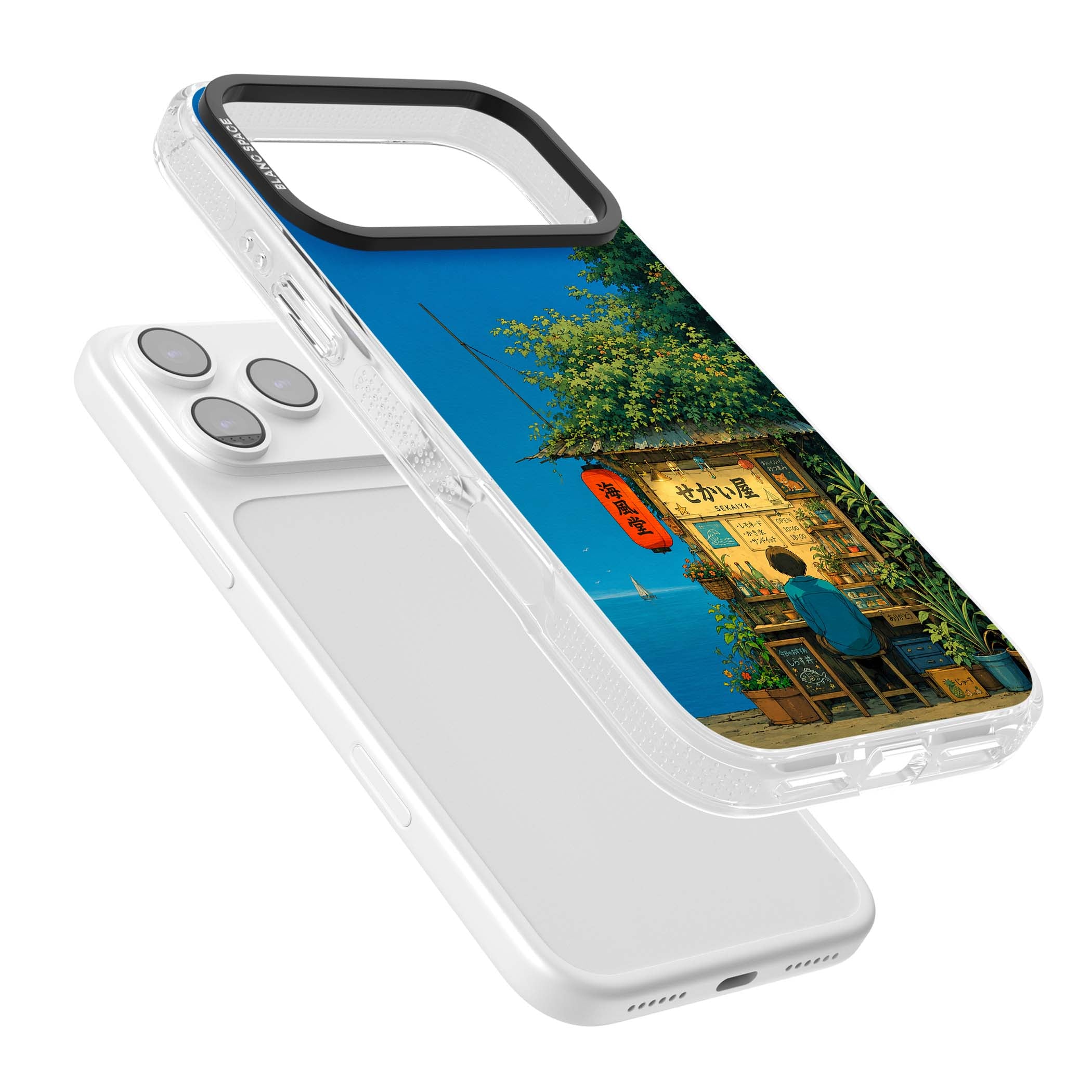 The Shirahama Kiosk anime iPhone case featuring a Japanese seaside shop, red paper lantern and ocean view | Clear Case Impact Air case for iPhone 17 Pro, iPhone 17 Pro Max