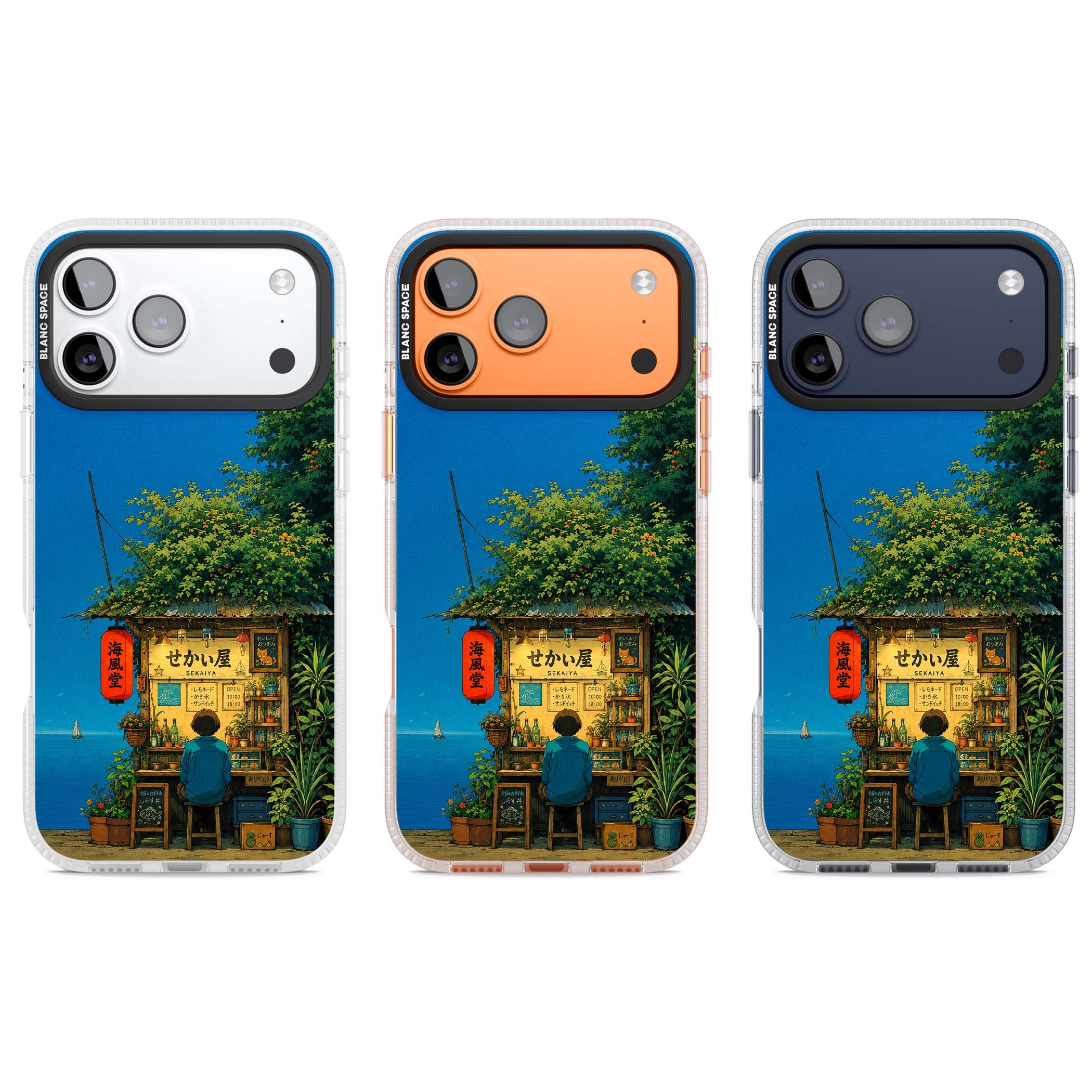 The Shirahama Kiosk anime iPhone case featuring a Japanese seaside shop, red paper lantern and ocean view | Clear Case Impact Air case for iPhone 17 Pro, iPhone 17 Pro Max
