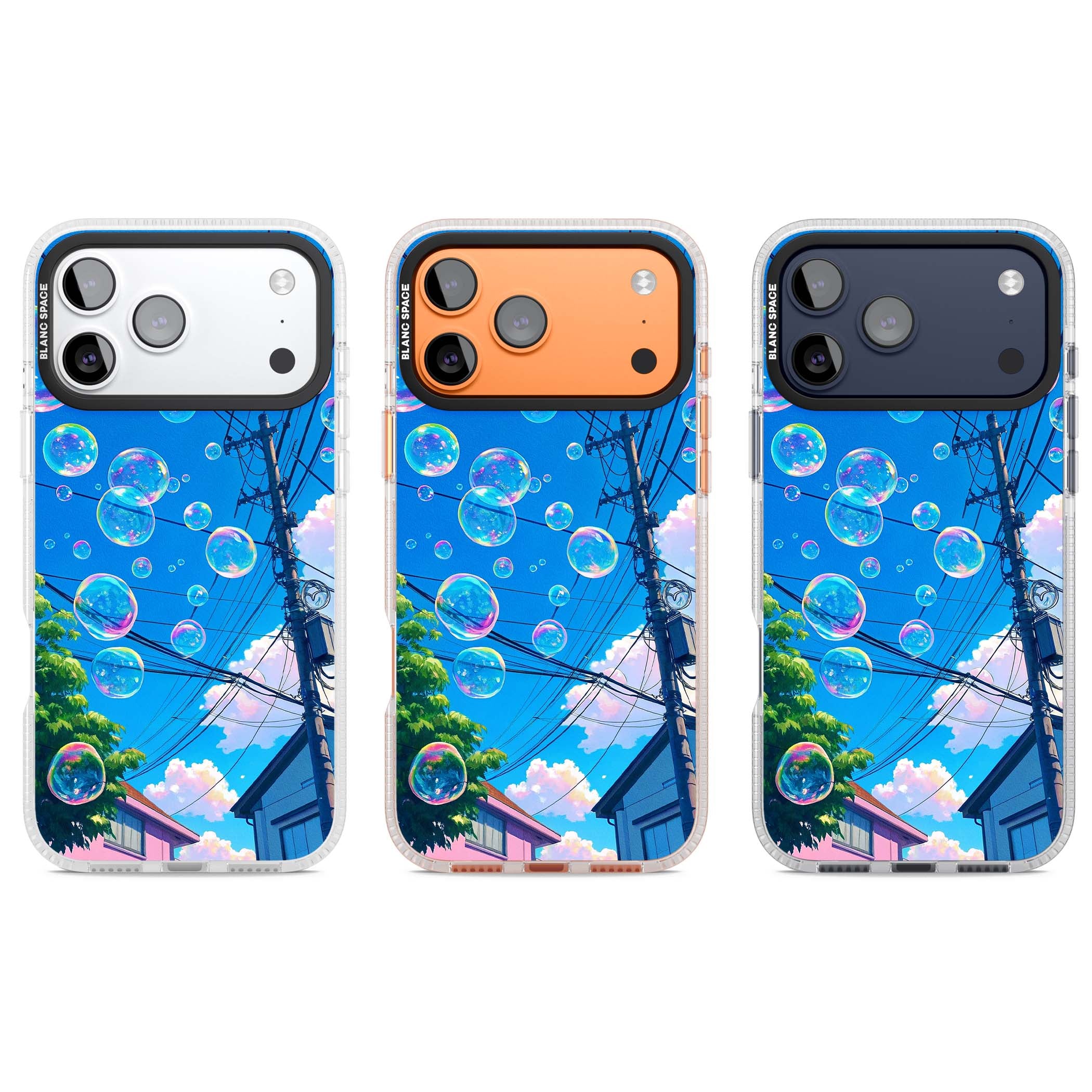 Suburban Bubbles anime iPhone case featuring iridescent soap bubbles, blue sky and Japanese telephone wires | Clear Case Impact Air case for iPhone 17 Pro, iPhone 17 Pro Max