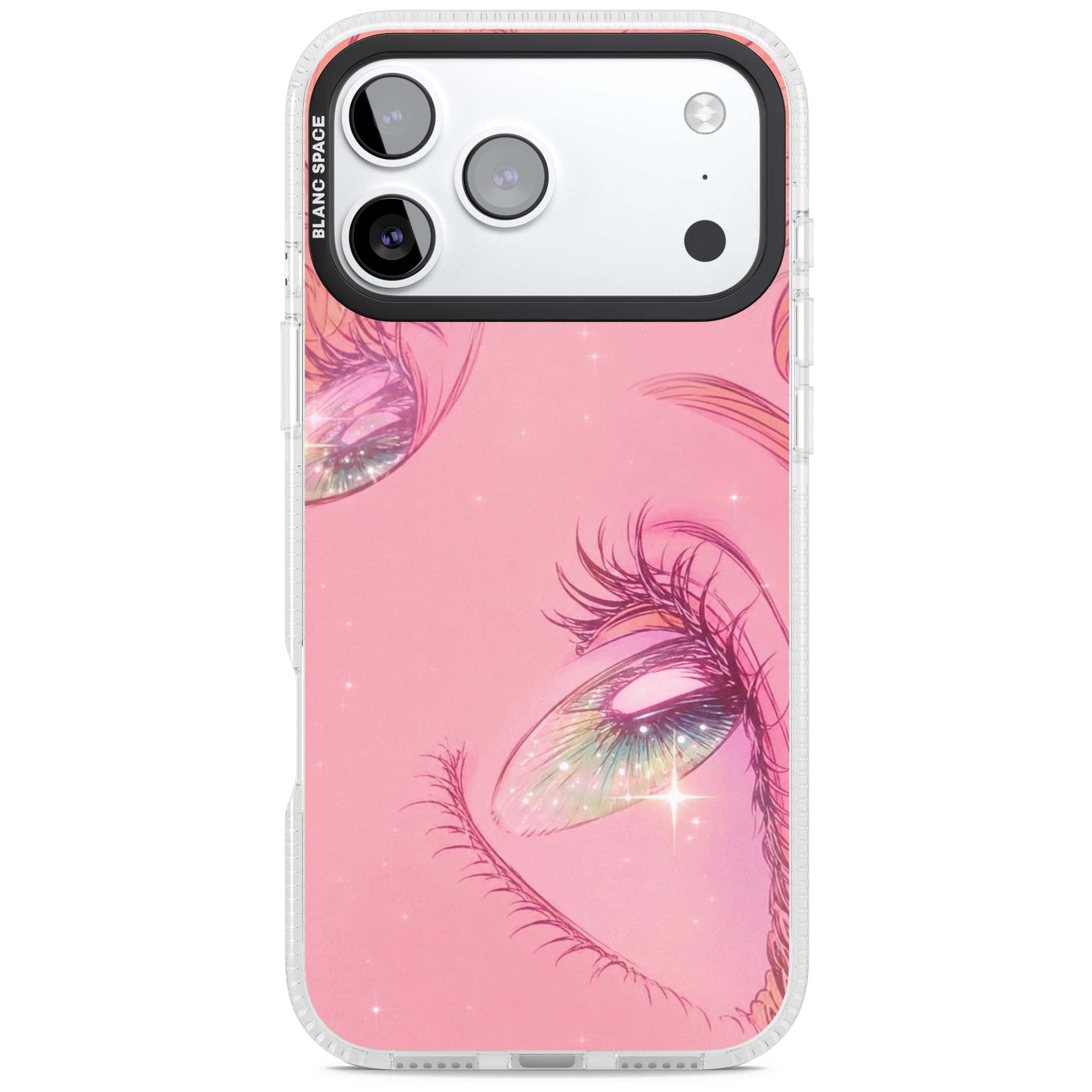 Pink Ethereal Gaze anime iPhone case featuring sparkling manga eyes, coral lashes and dreamy peach sky | Clear Case Impact Air case for iPhone 17 Pro, iPhone 17 Pro Max