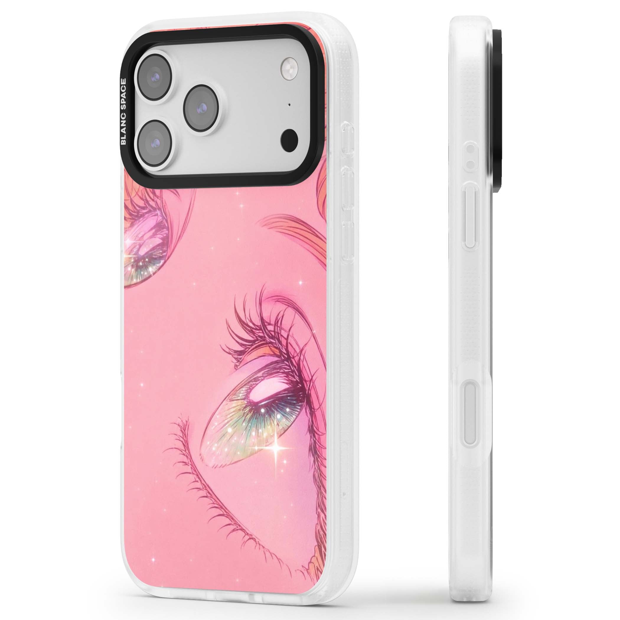 Pink Ethereal Gaze anime iPhone case featuring sparkling manga eyes, coral lashes and dreamy peach sky | Clear Case Impact Air case for iPhone 17 Pro, iPhone 17 Pro Max